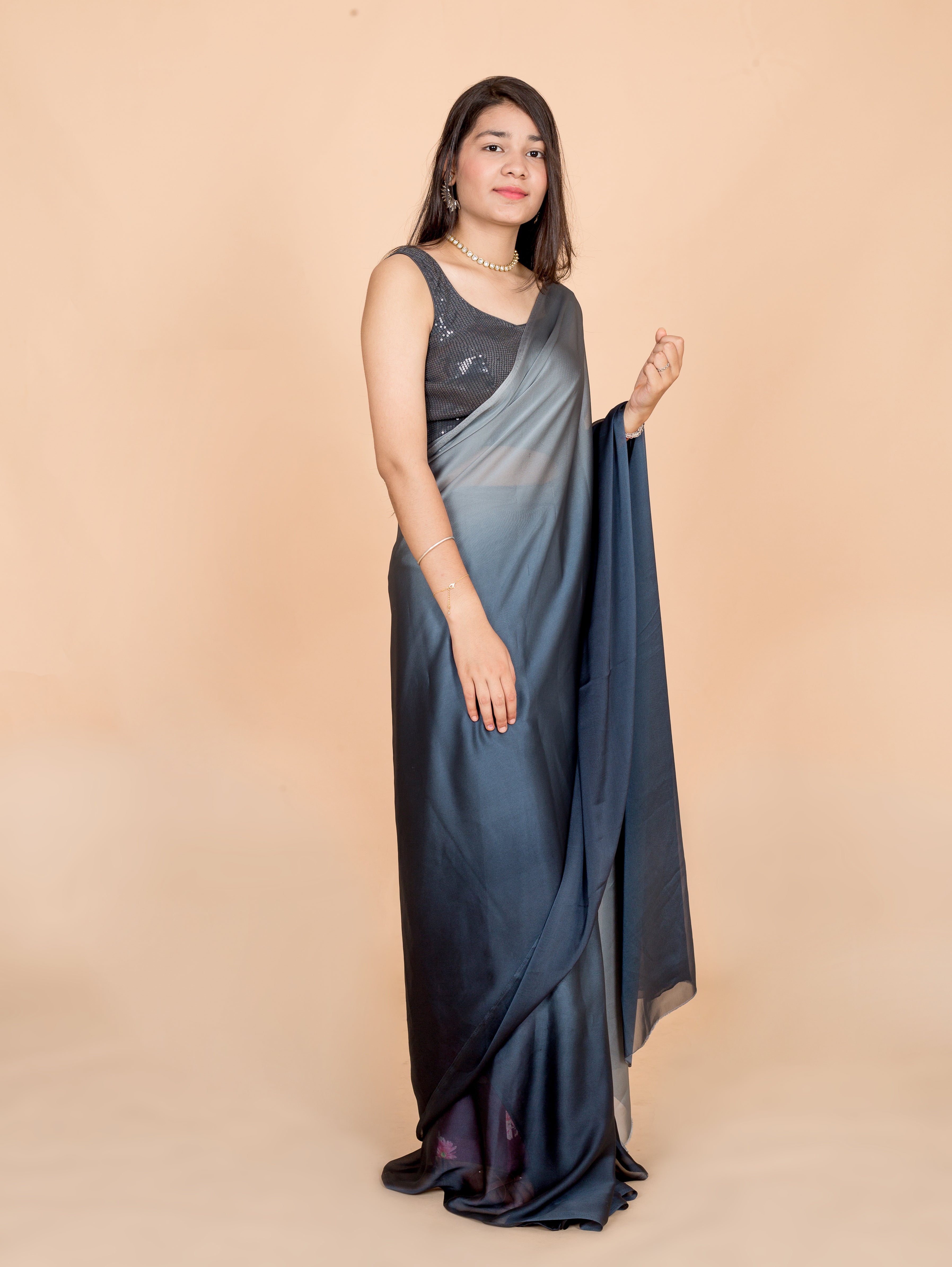 Grey Luxe Satin Two Tone Womens Saree