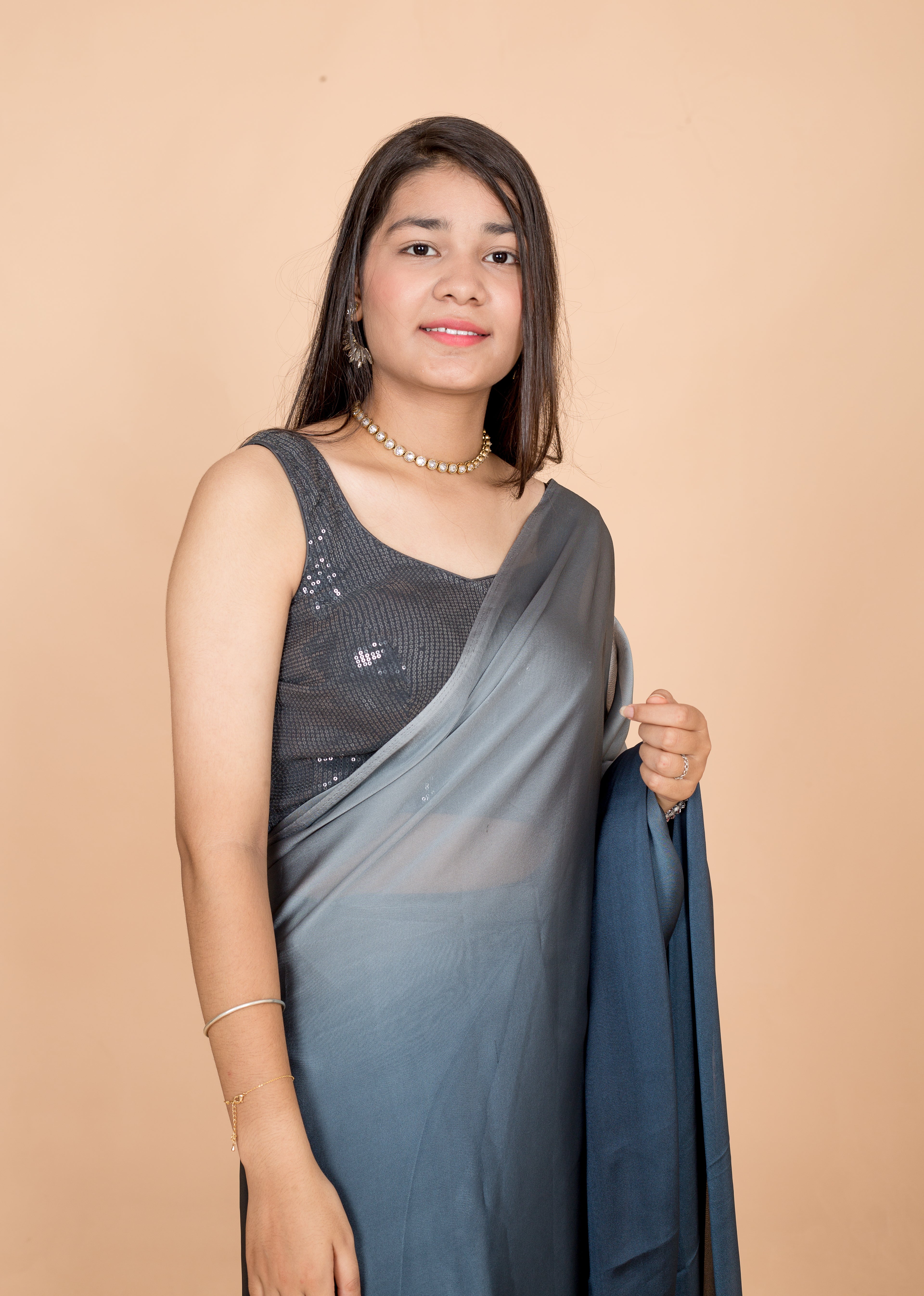 Grey Luxe Satin Two Tone Womens Saree