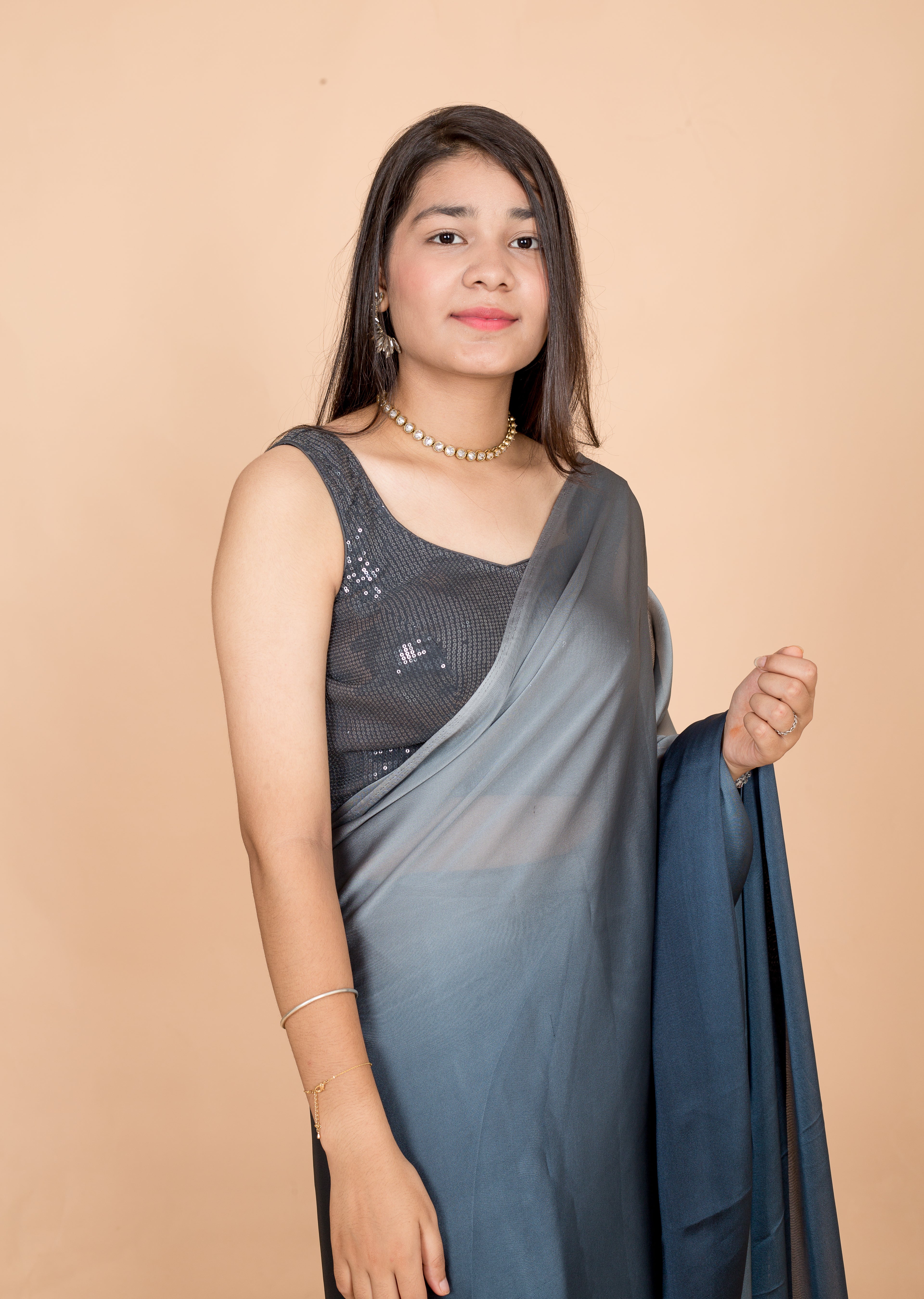 Grey Luxe Satin Two Tone Womens Saree