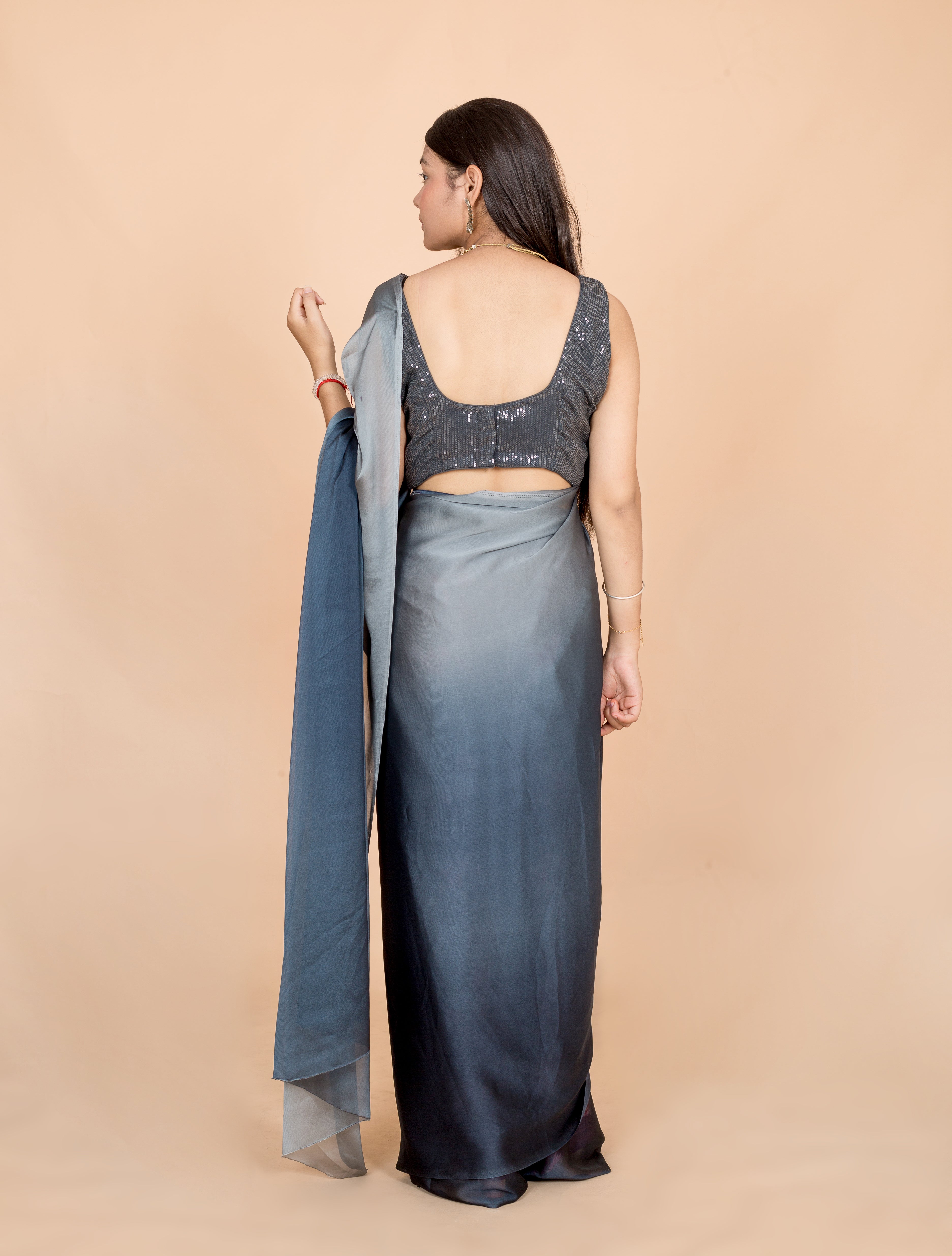 Grey Luxe Satin Two Tone Womens Saree