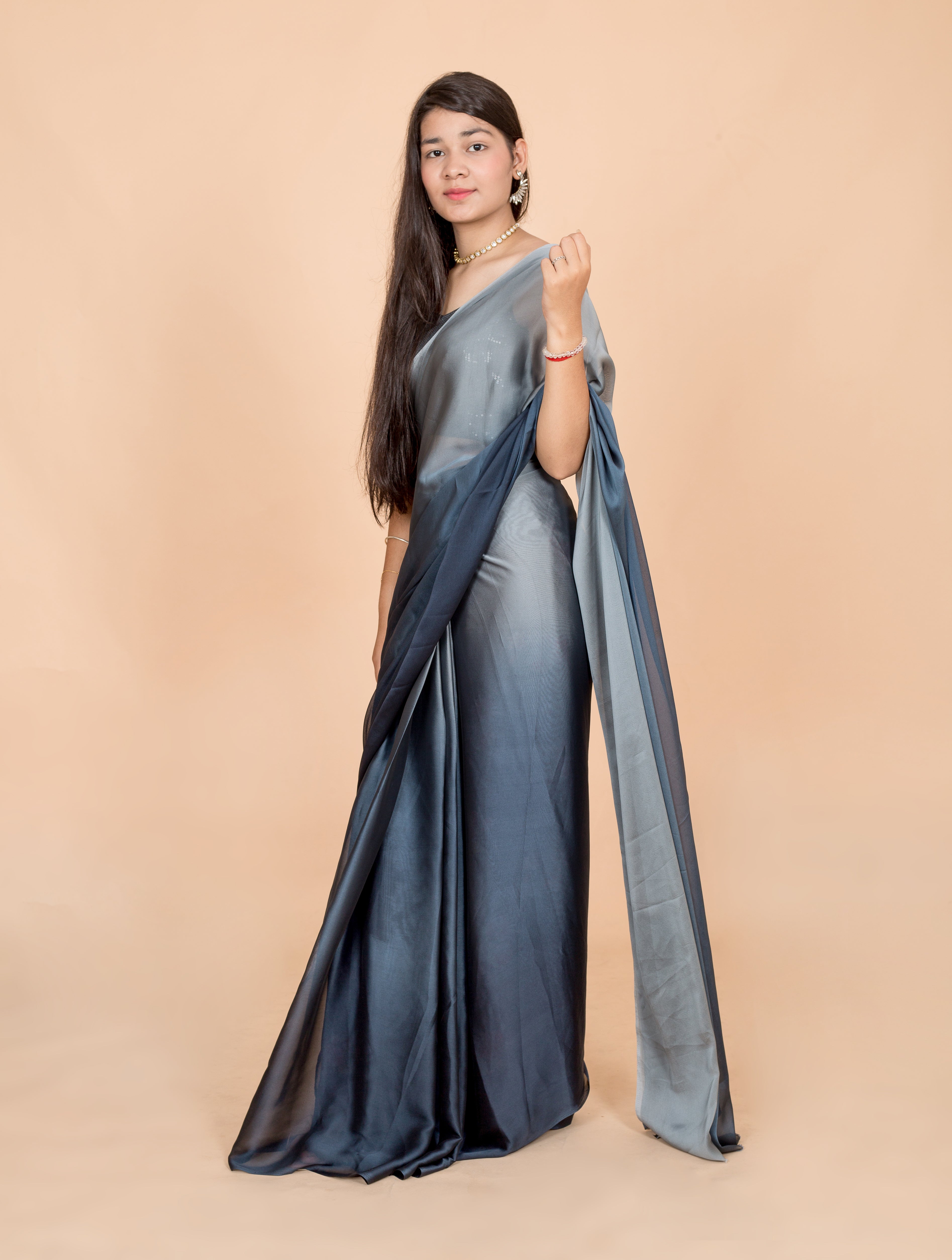 Grey Luxe Satin Two Tone Womens Saree