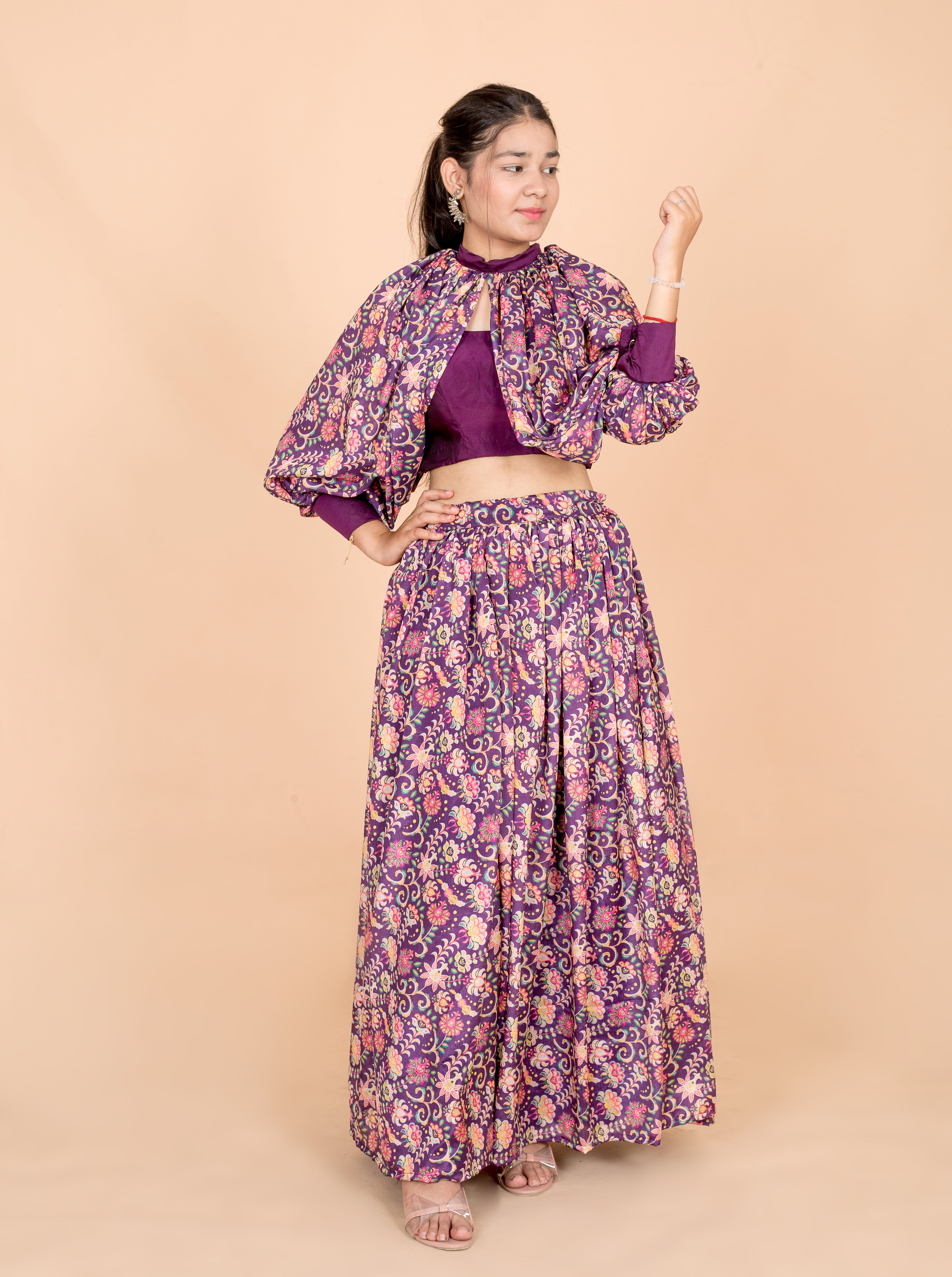 Purple Floral Print Womens Readymade Lehenga Set