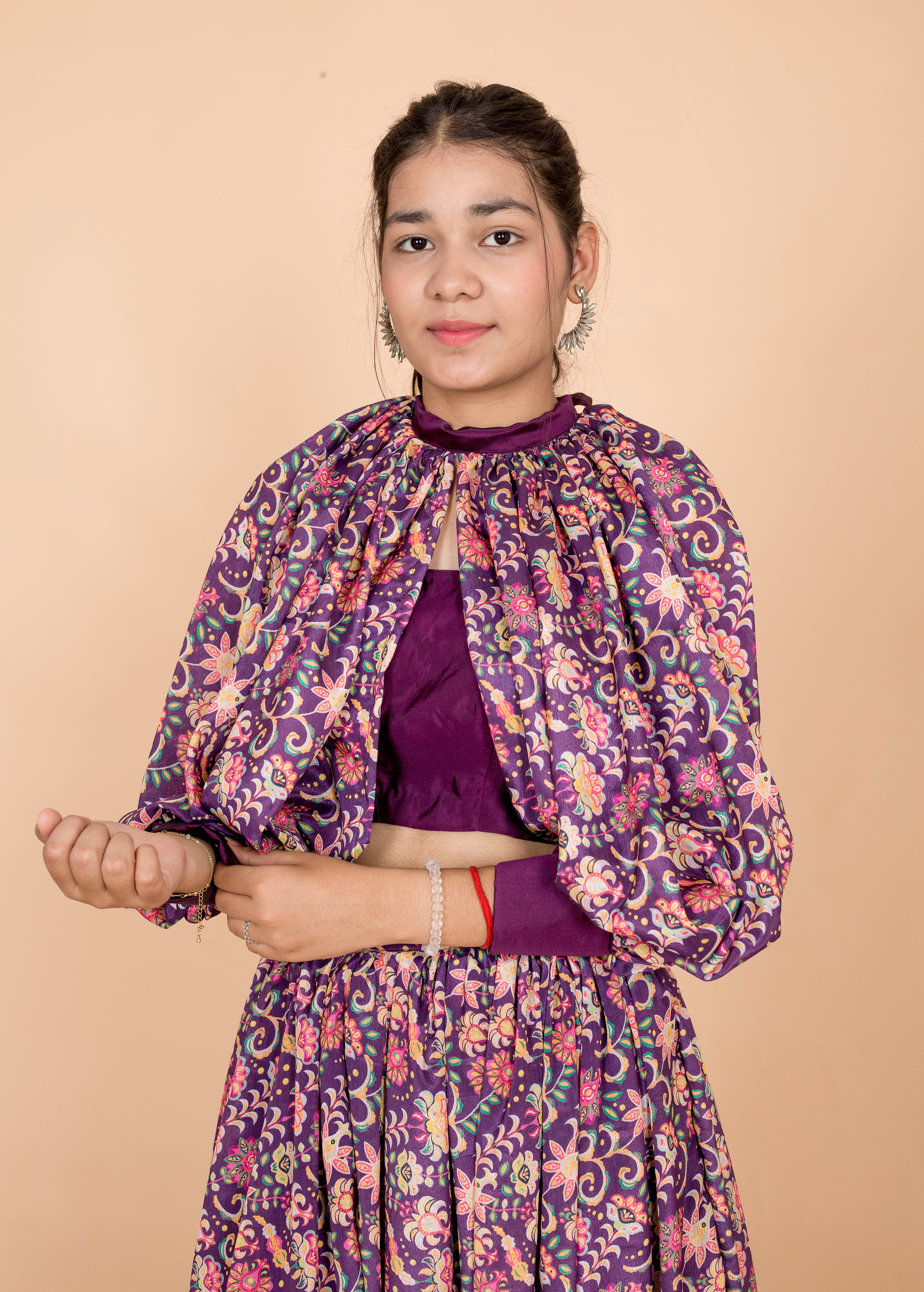 Purple Floral Print Womens Readymade Lehenga Set