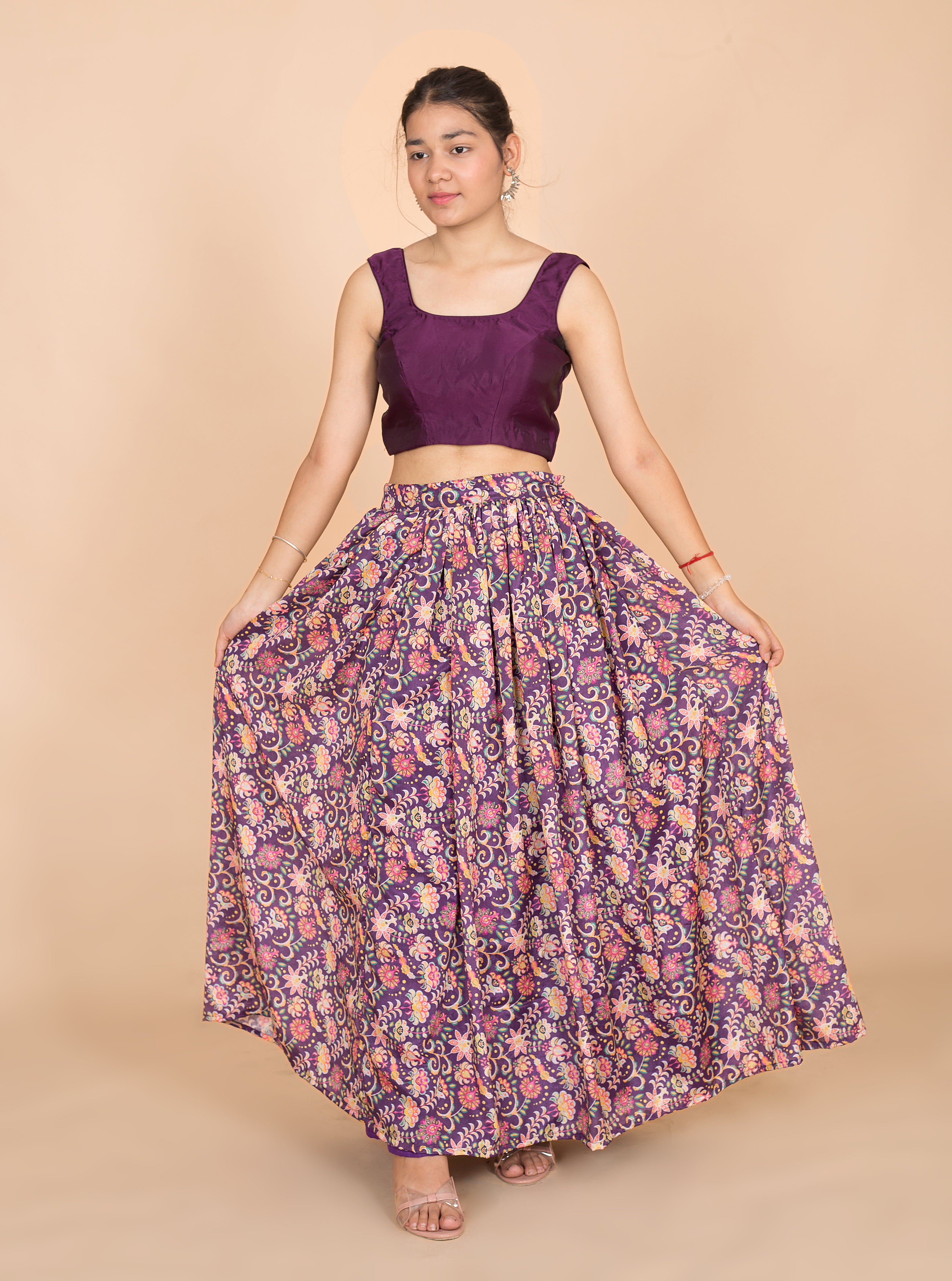 Purple Floral Print Womens Readymade Lehenga Set