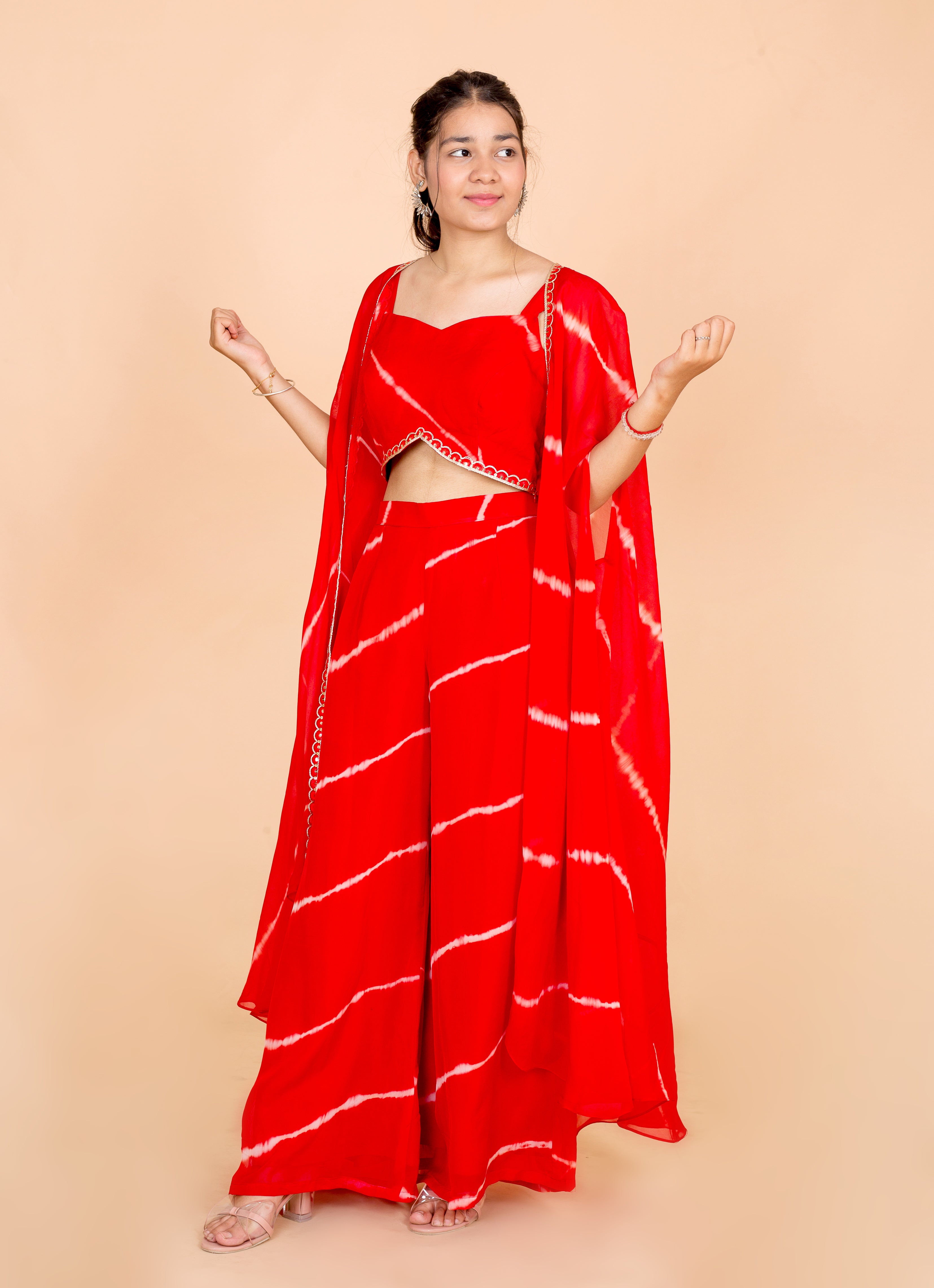 Red Lehariya Print Womens Readymade 3 Piece Palazo Set