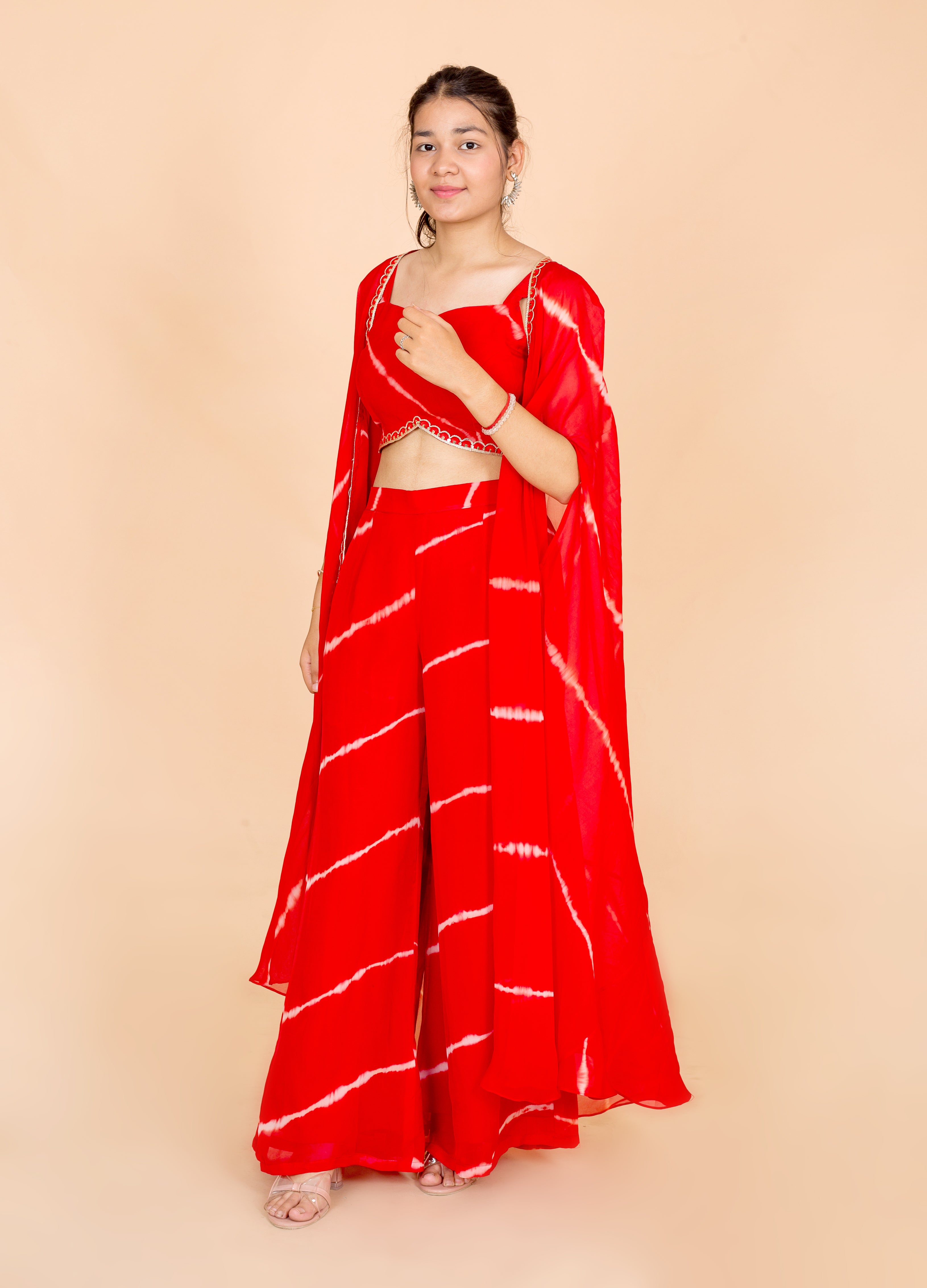 Red Lehariya Print Womens Readymade 3 Piece Palazo Set