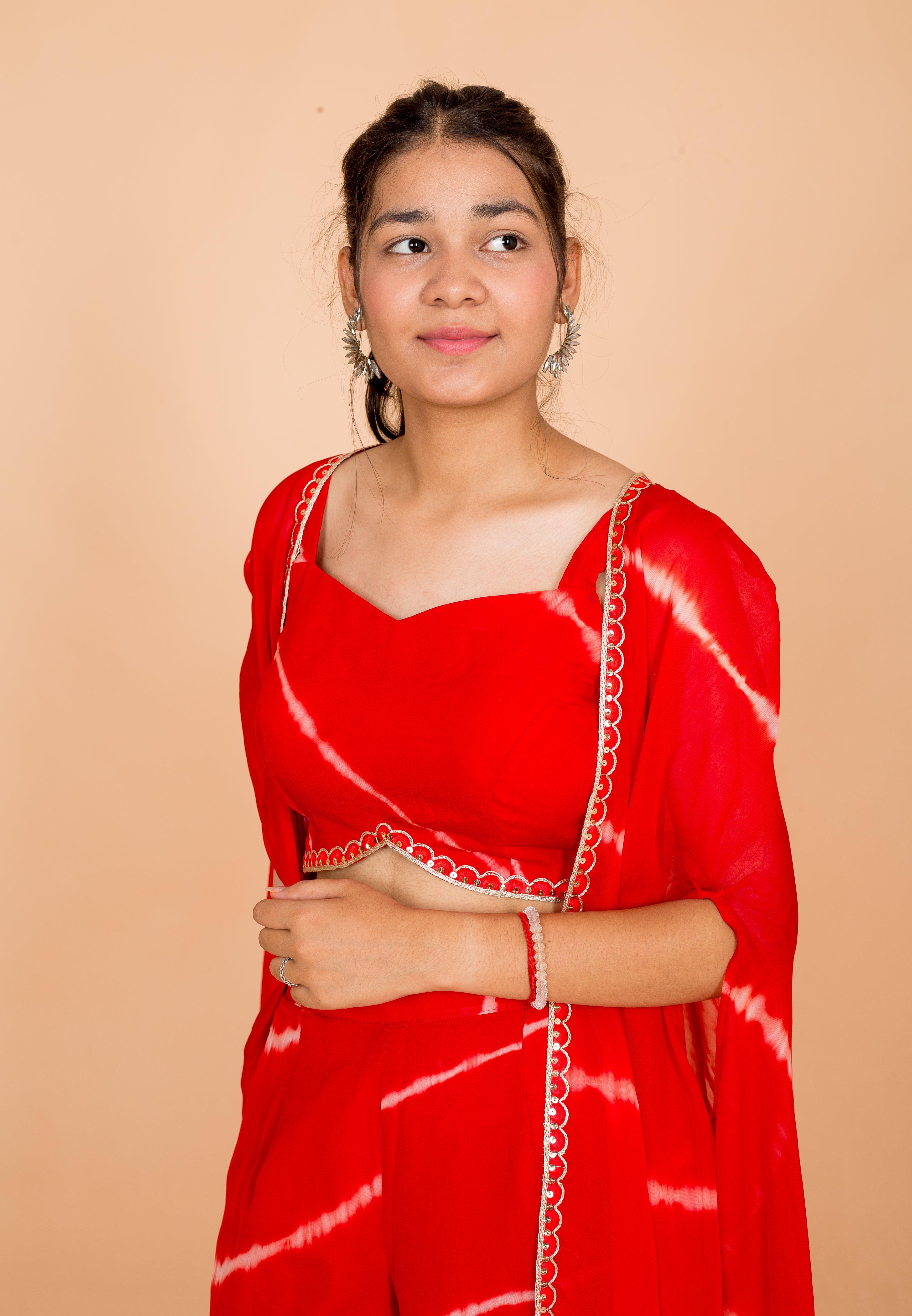 Red Lehariya Print Womens Readymade 3 Piece Palazo Set