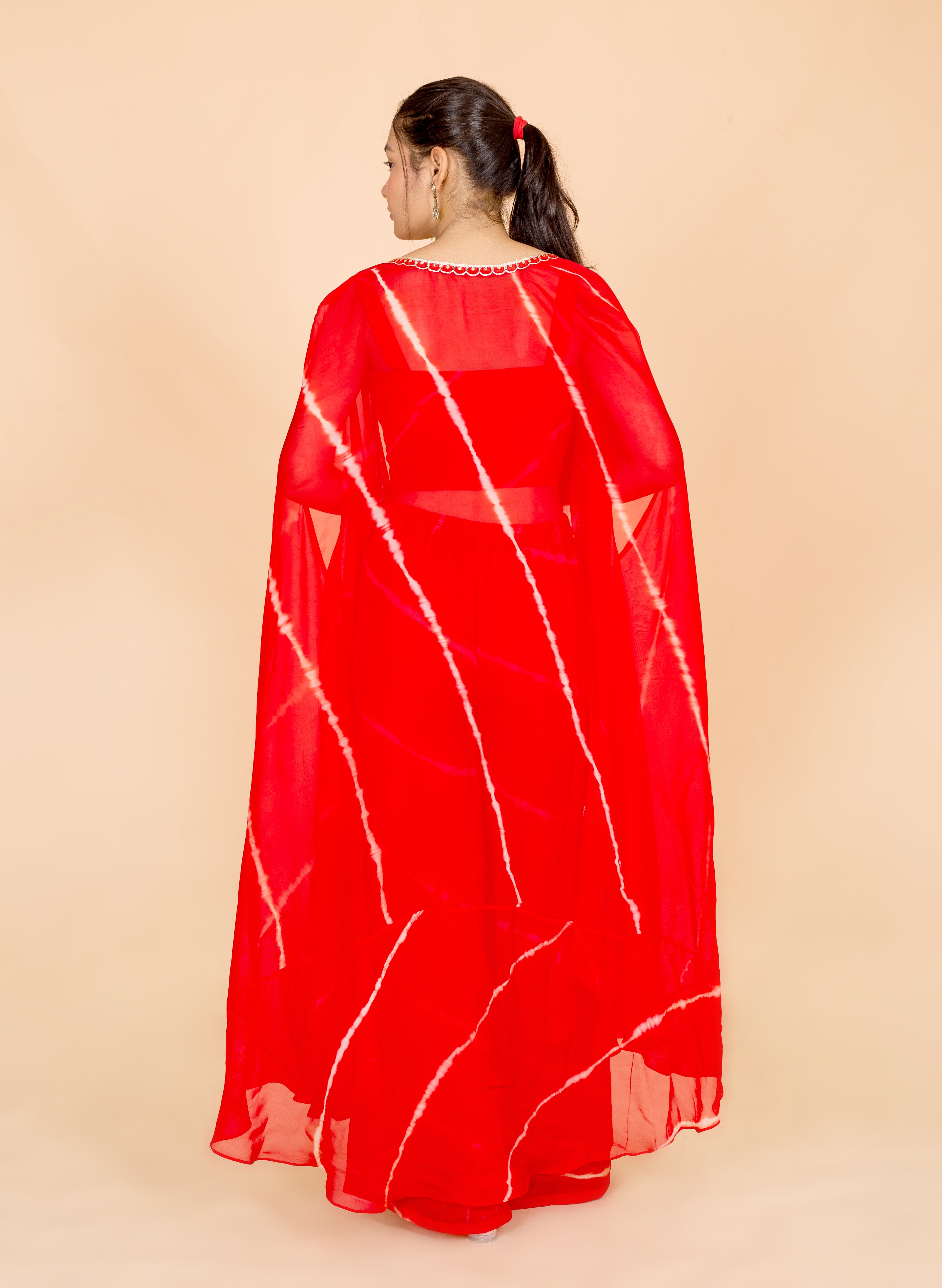 Red Lehariya Print Womens Readymade 3 Piece Palazo Set