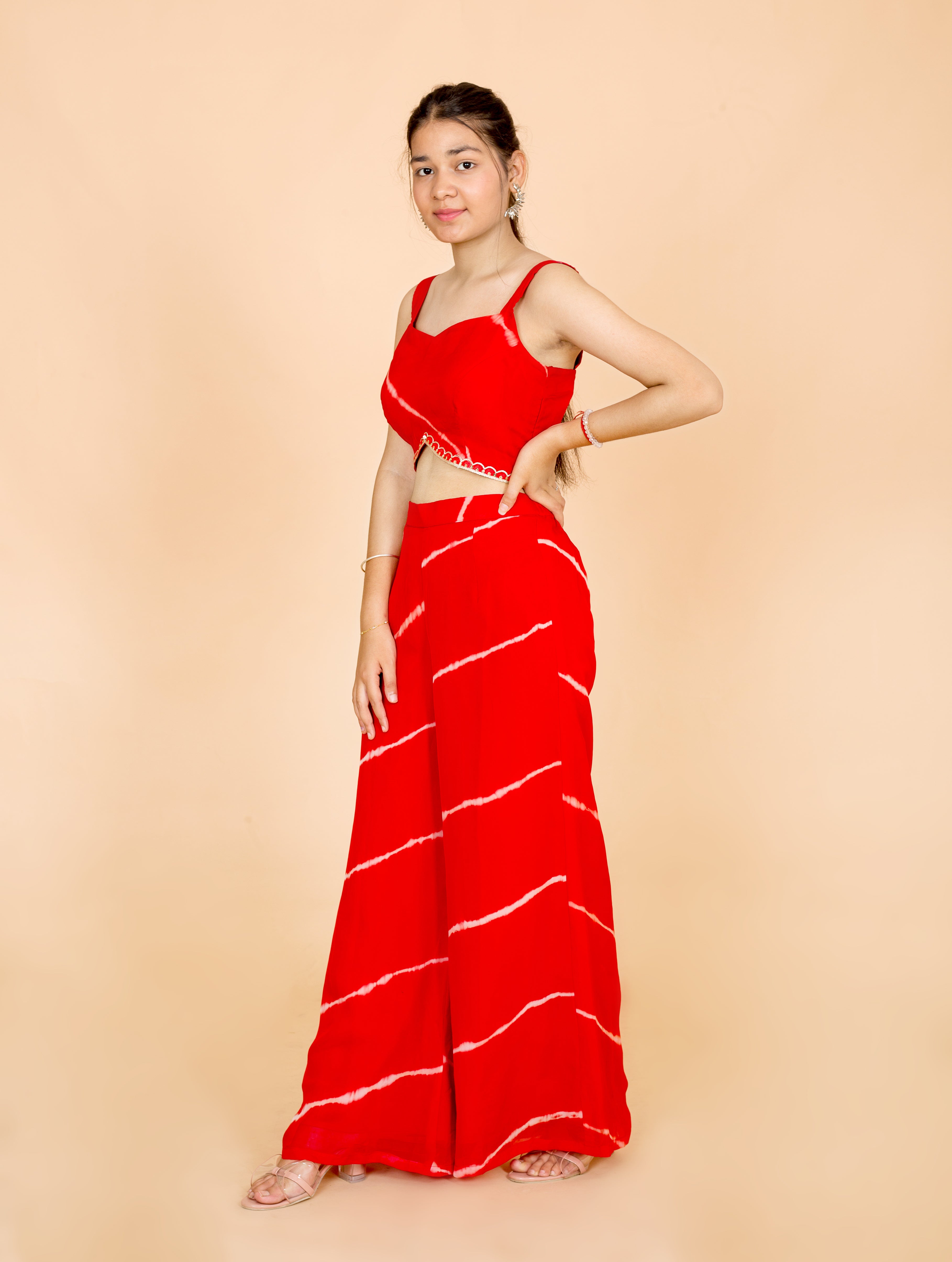 Red Lehariya Print Womens Readymade 3 Piece Palazo Set