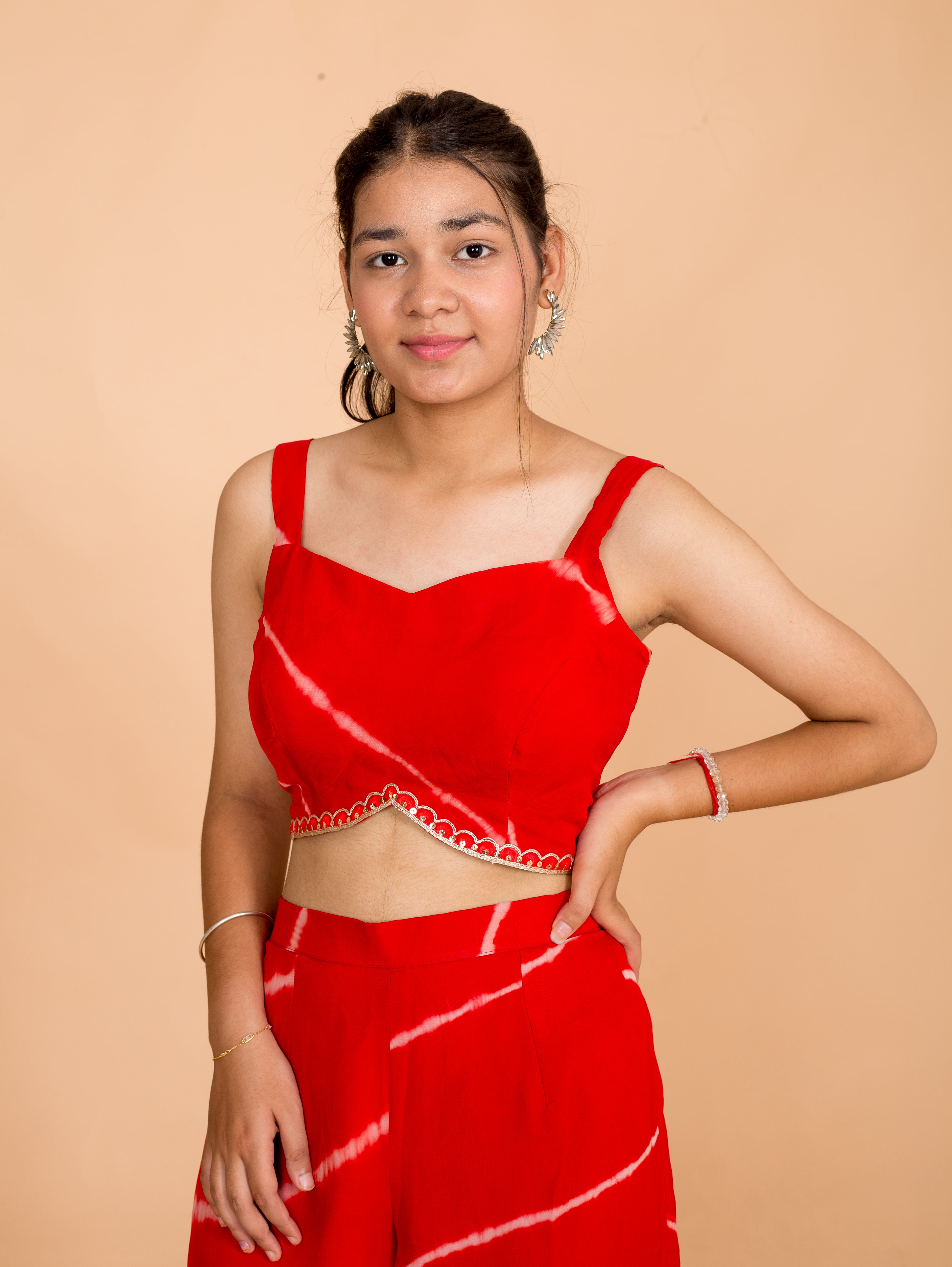 Red Lehariya Print Womens Readymade 3 Piece Palazo Set