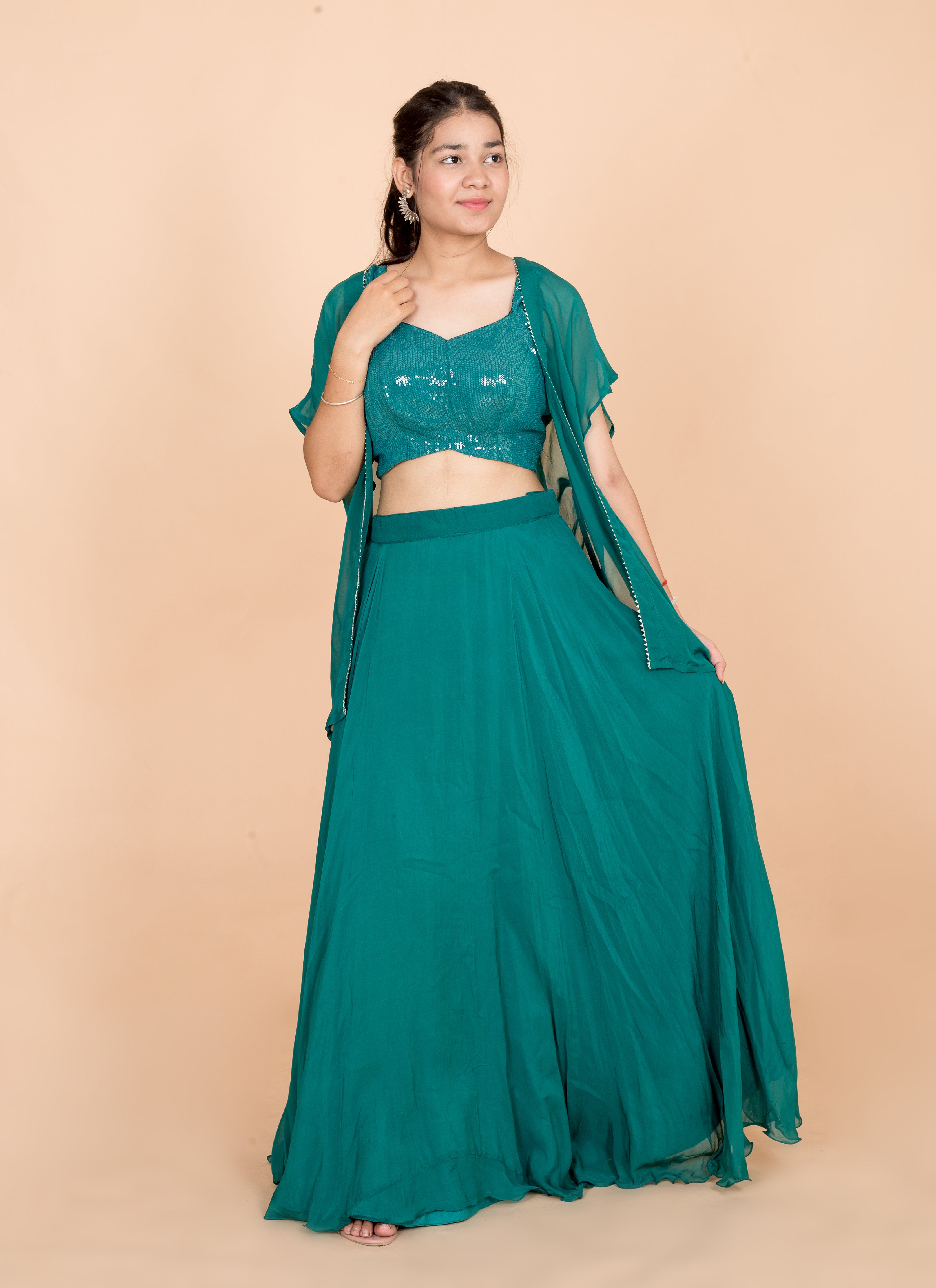 Pine Green Plain Georgette  Readymade Womens Lehenga Set