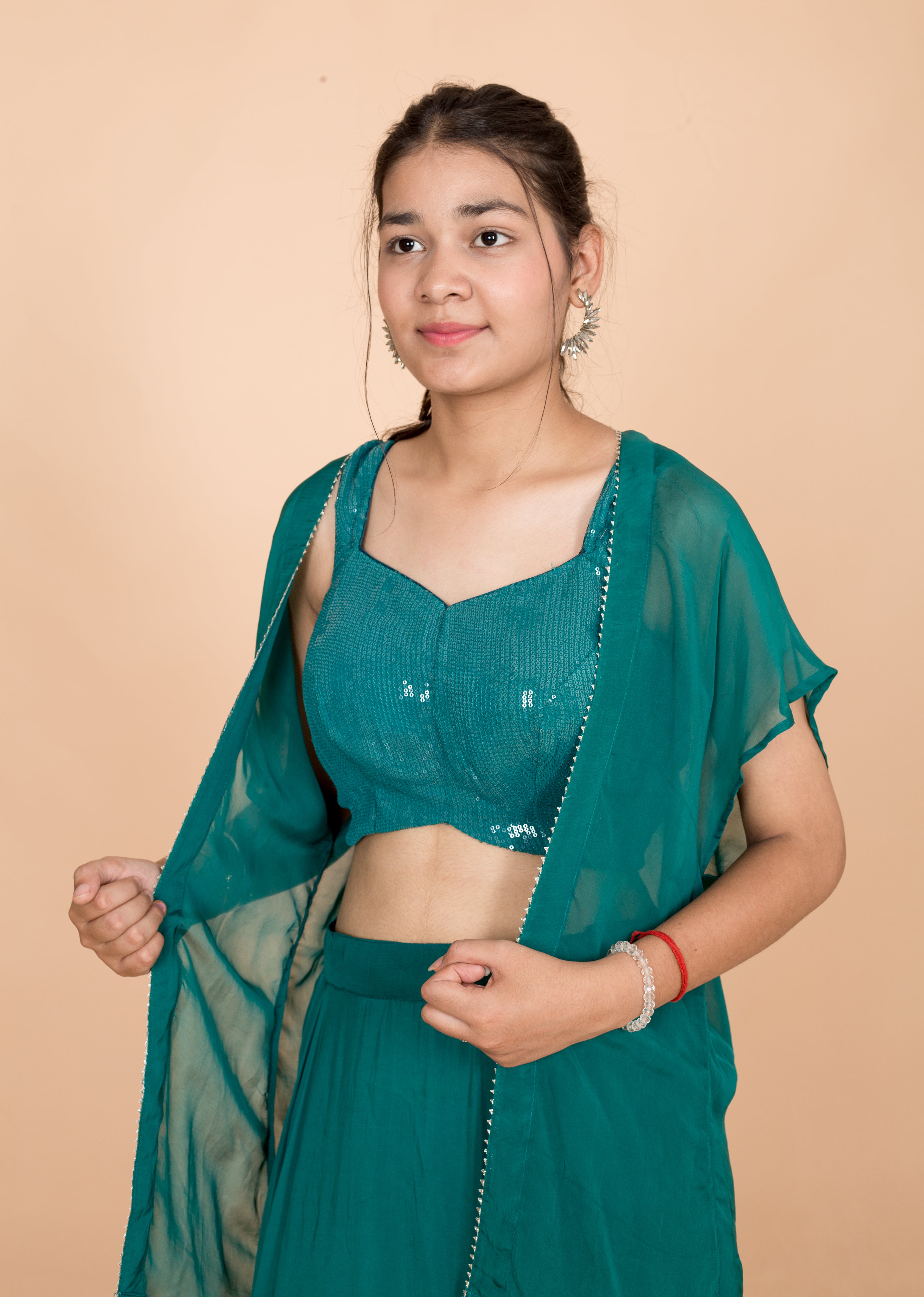 Pine Green Plain Georgette  Readymade Womens Lehenga Set