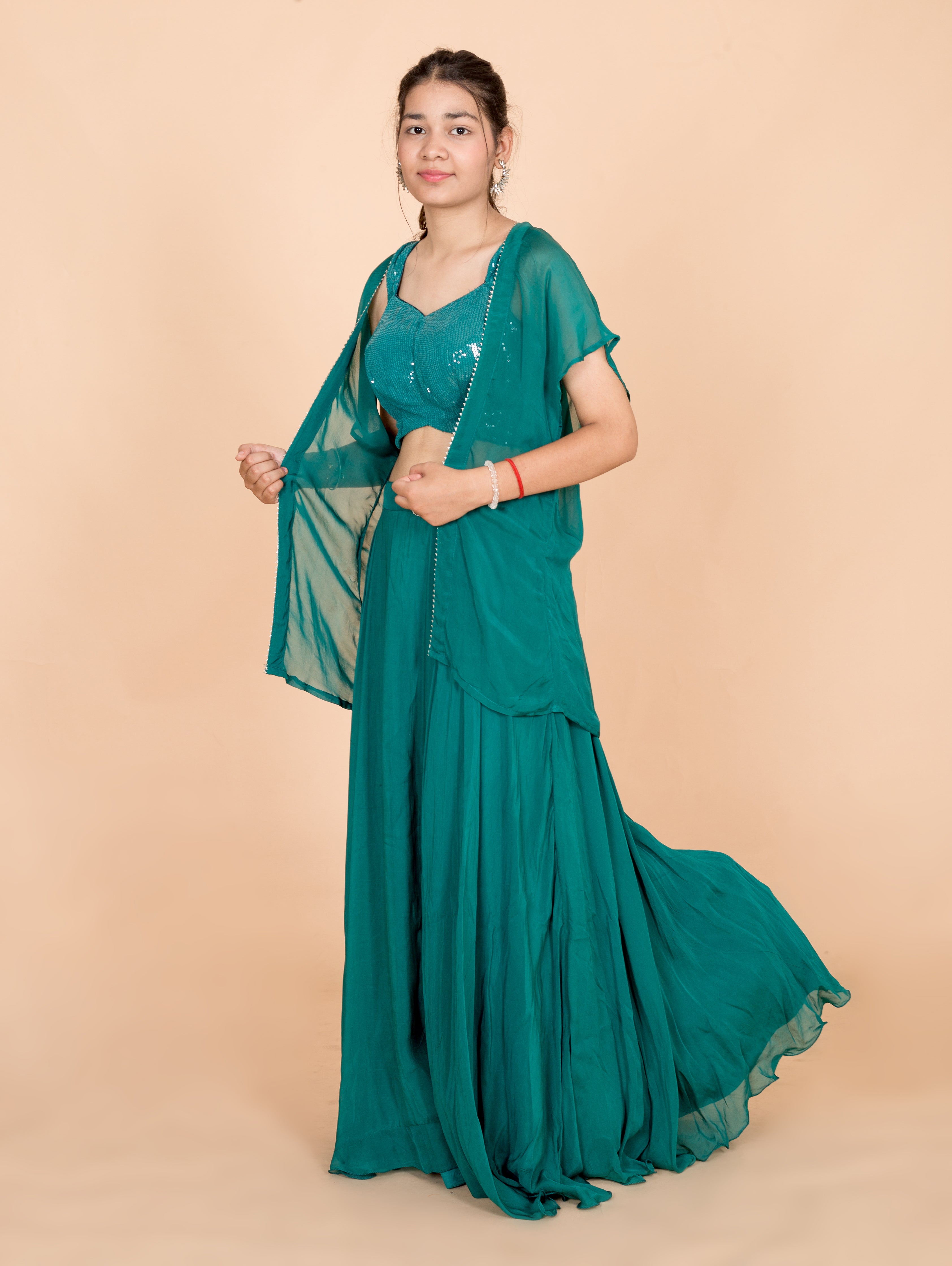 Pine Green Plain Georgette  Readymade Womens Lehenga Set