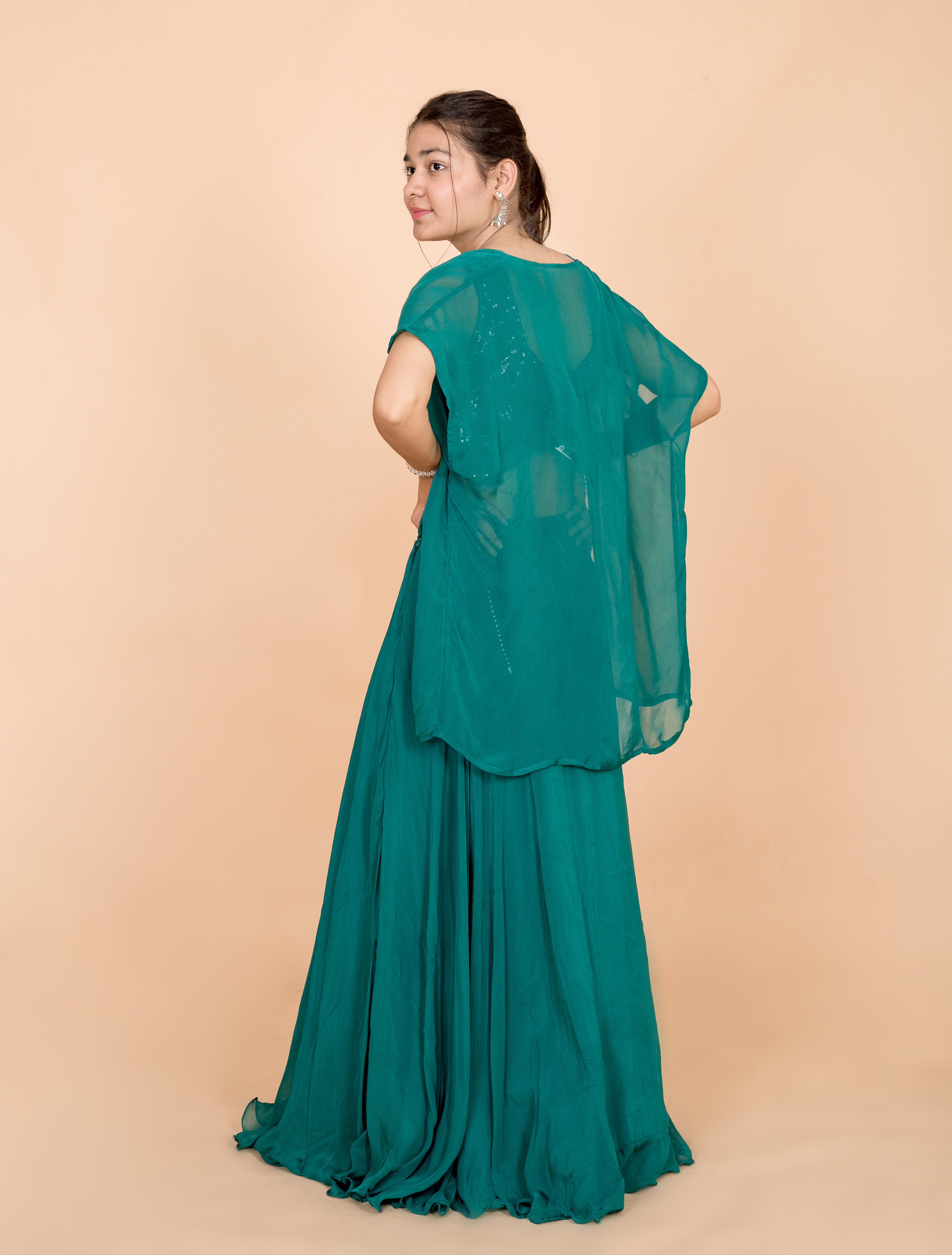 Pine Green Plain Georgette  Readymade Womens Lehenga Set