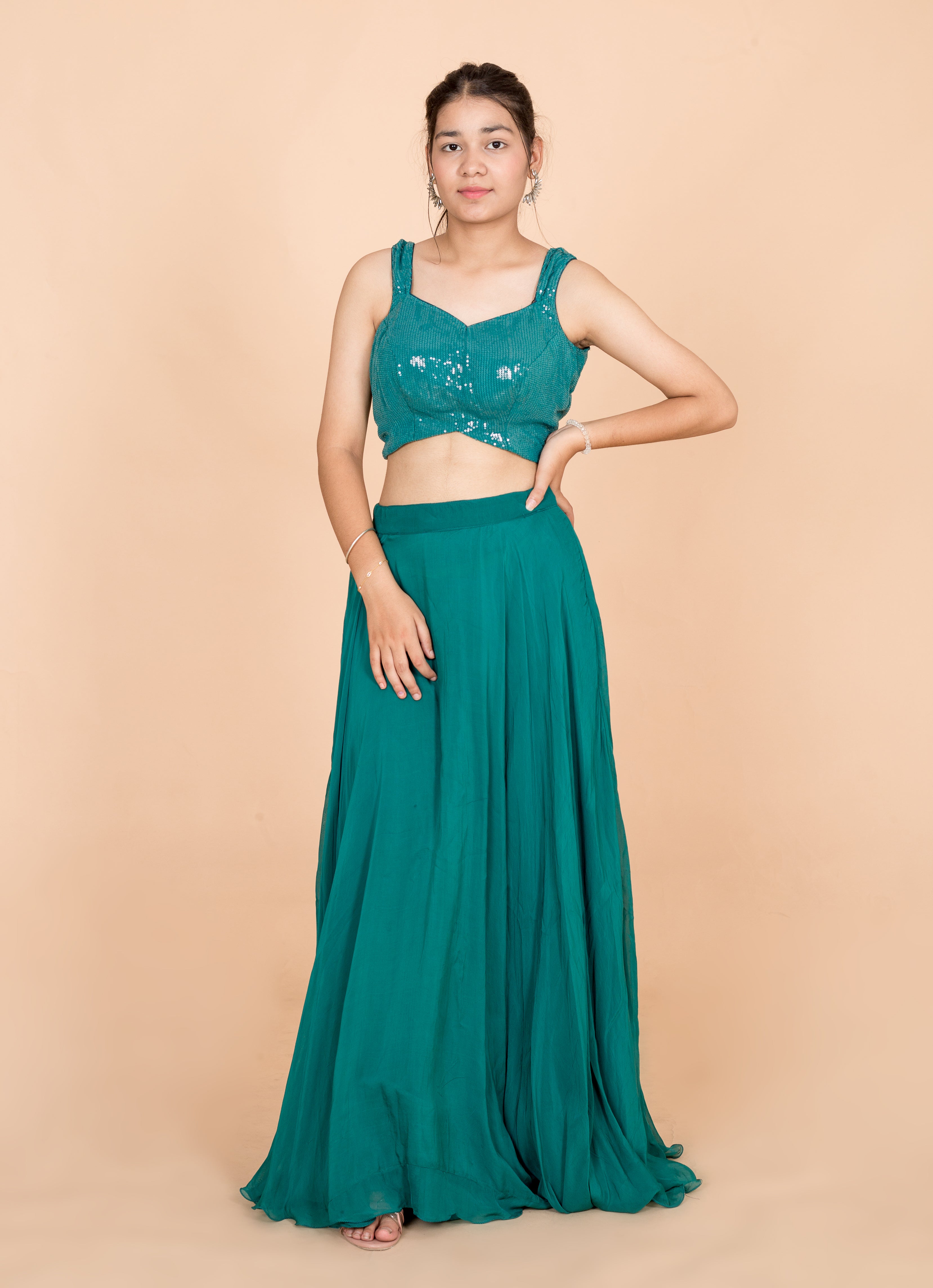 Pine Green Plain Georgette  Readymade Womens Lehenga Set