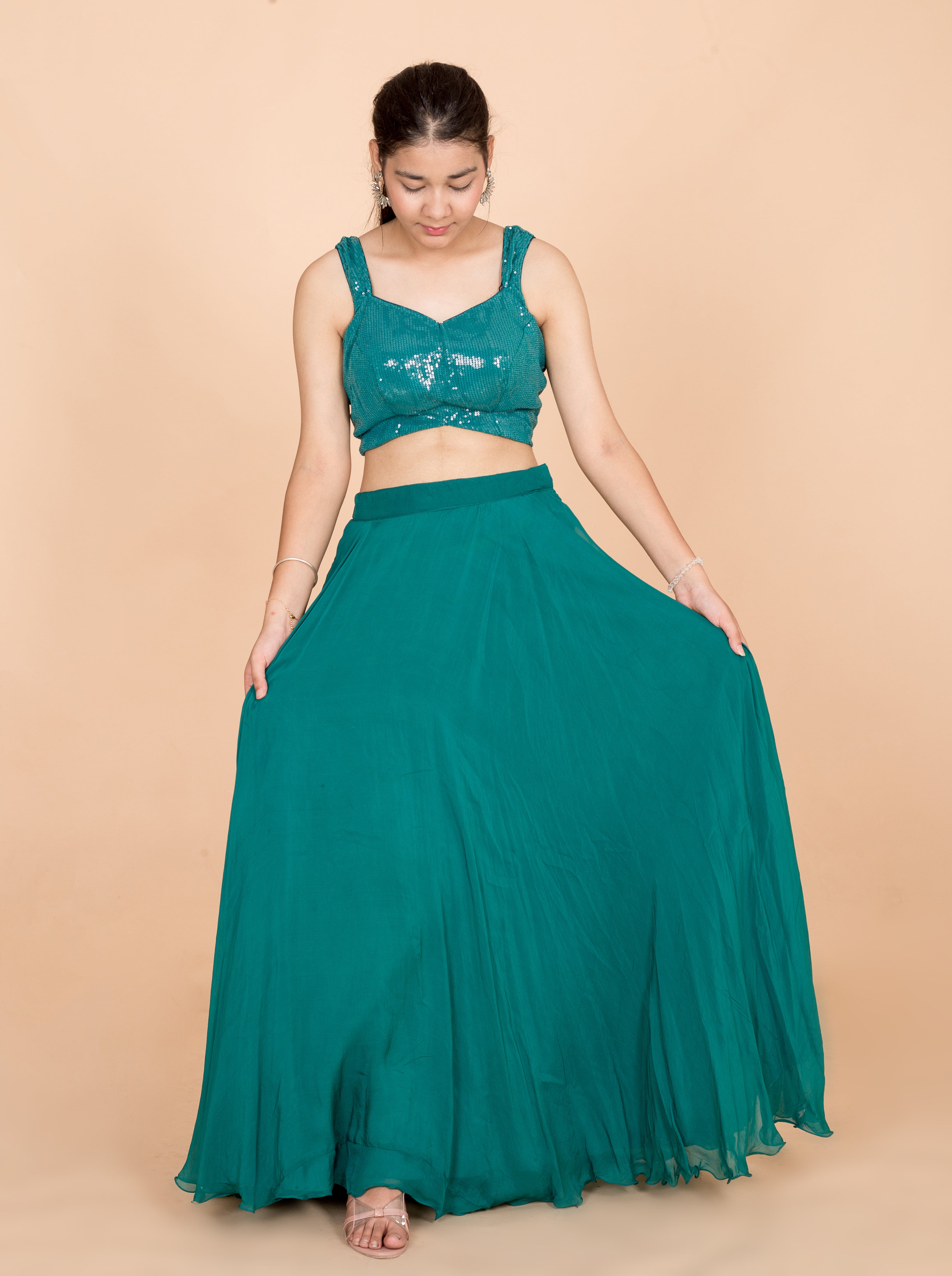 Pine Green Plain Georgette  Readymade Womens Lehenga Set