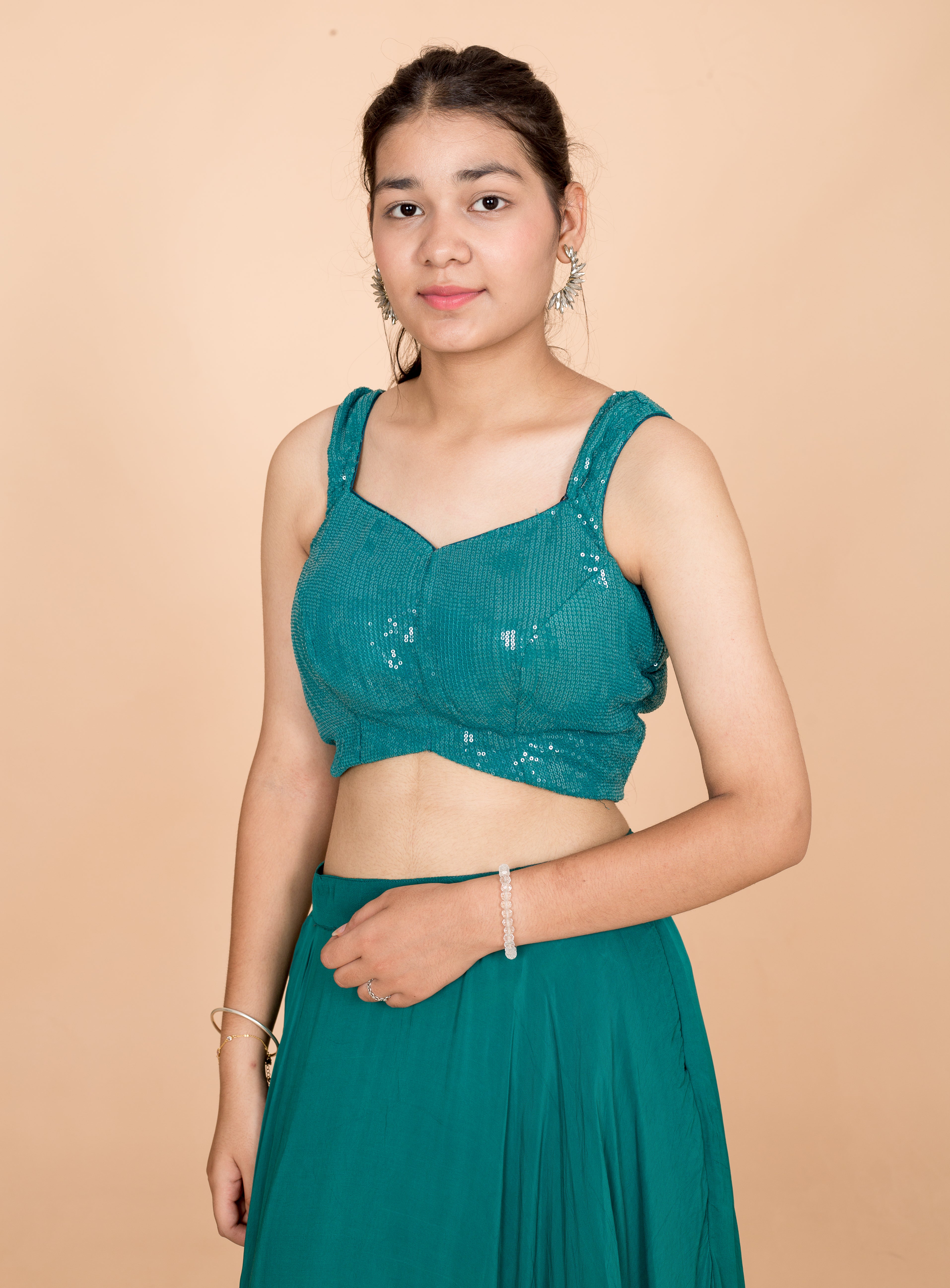 Pine Green Plain Georgette  Readymade Womens Lehenga Set