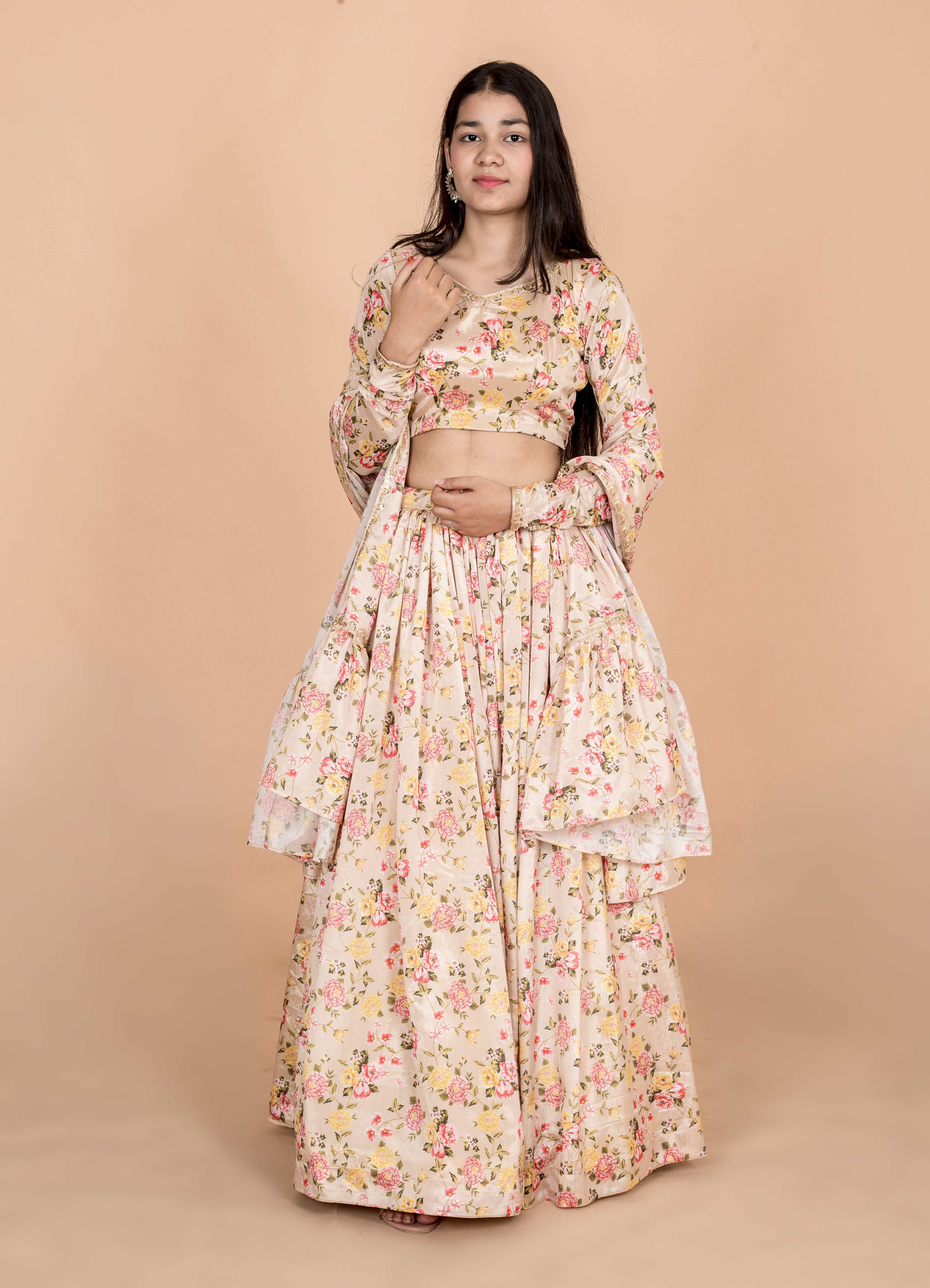 Ivory Floral Lace Embellished Womens Readymade Lehenga Set