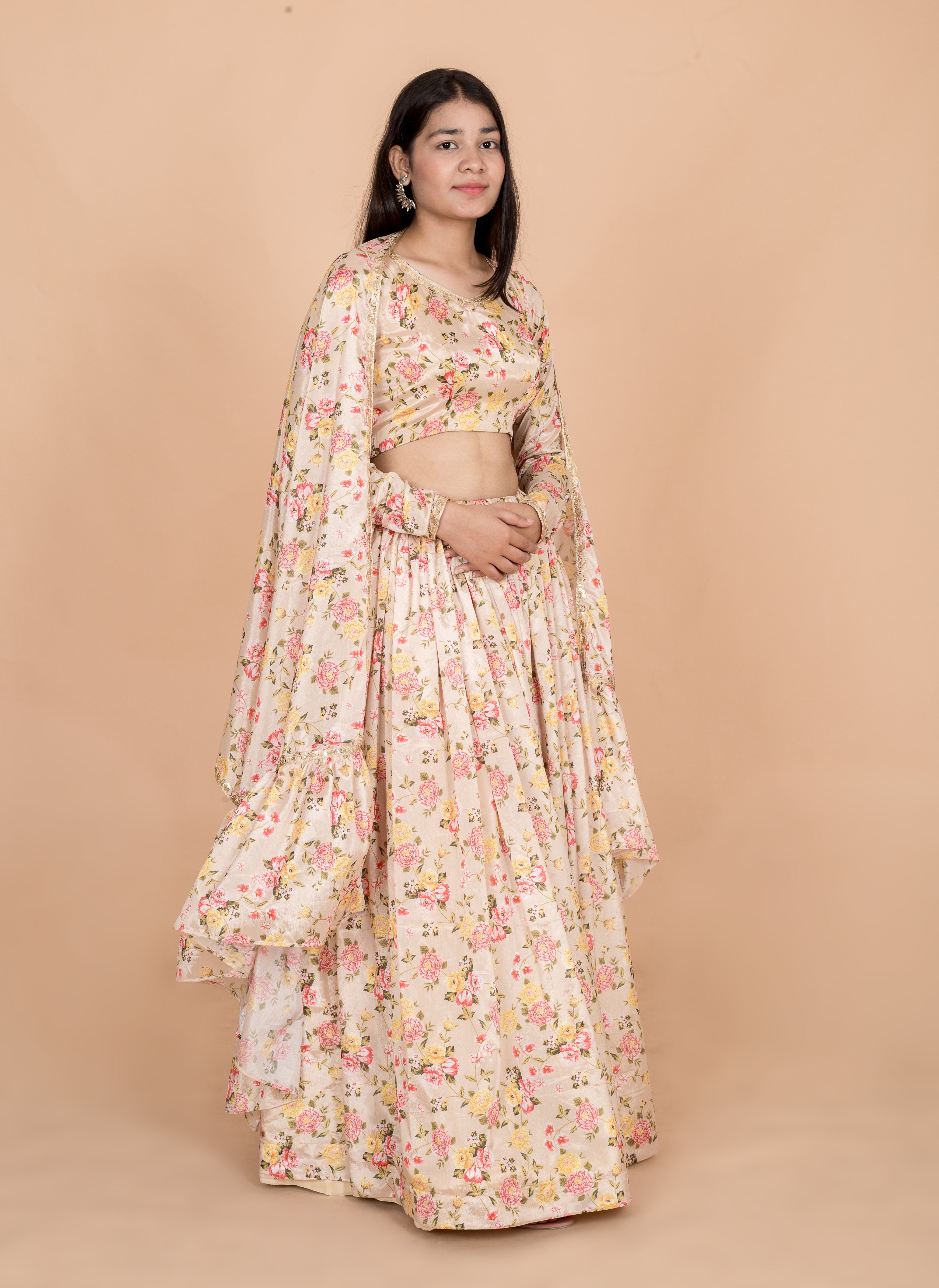 Ivory Floral Lace Embellished Womens Readymade Lehenga Set
