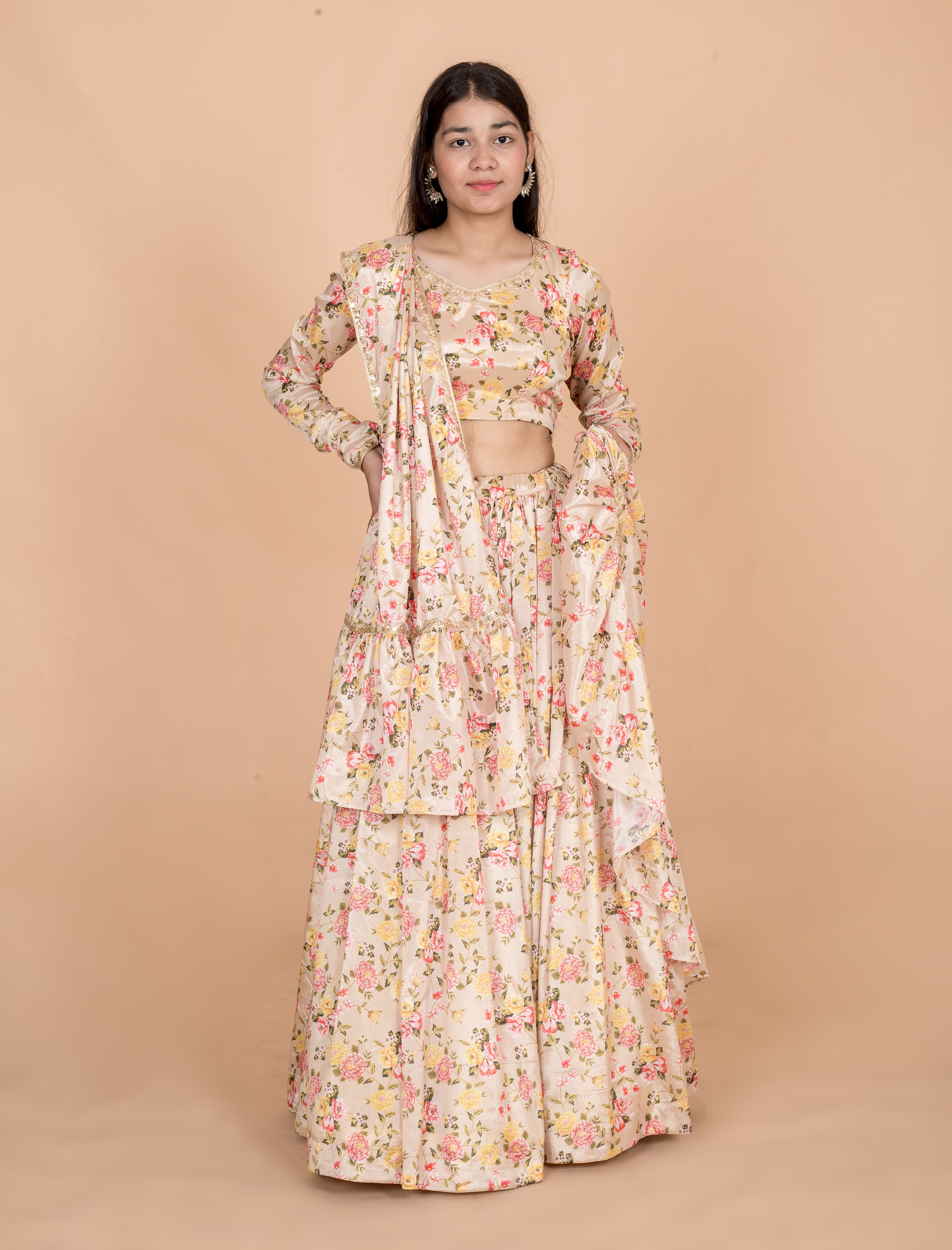 Ivory Floral Lace Embellished Womens Readymade Lehenga Set