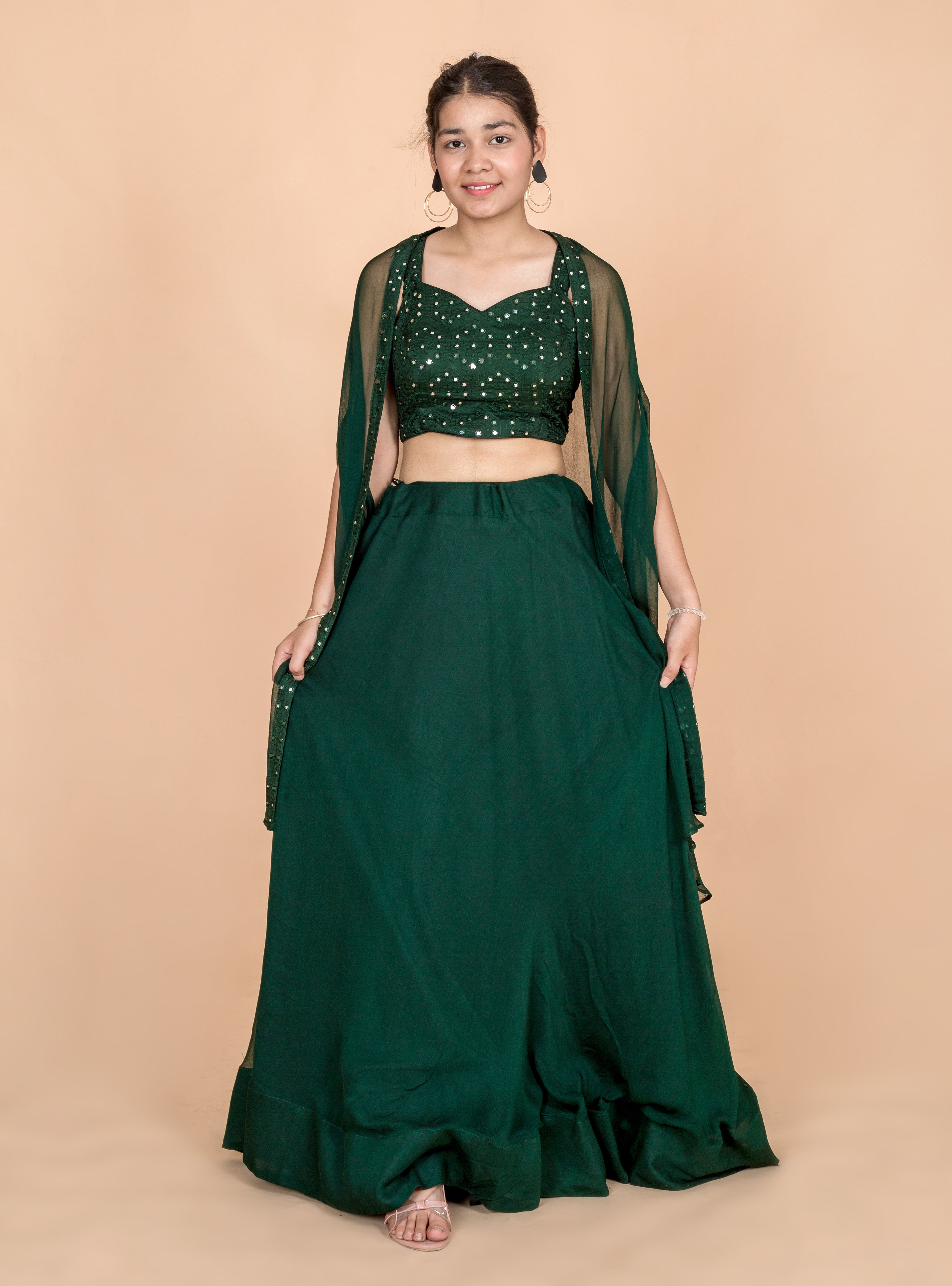 Bottle Green Womens Readymade Lehenga Set