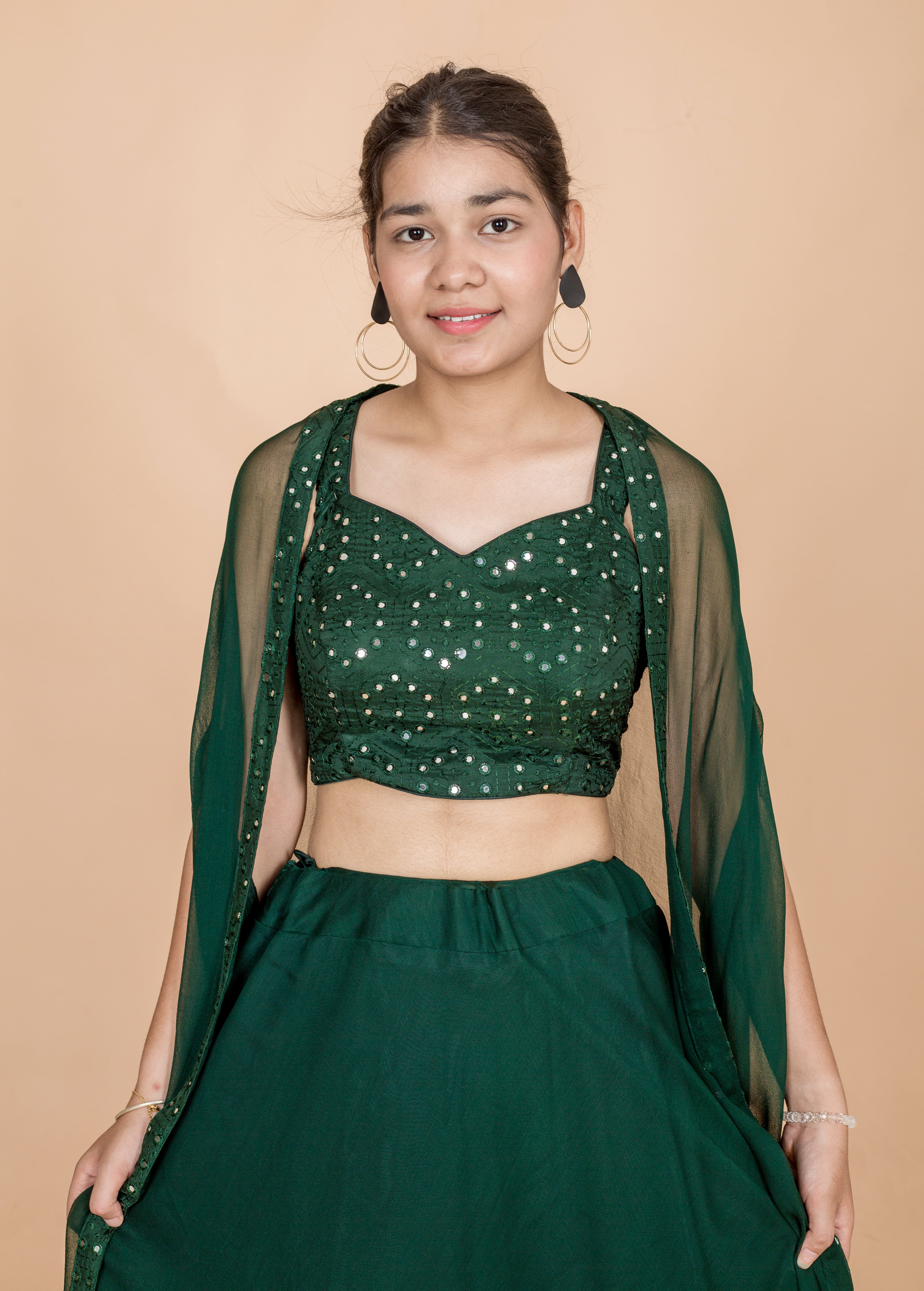 Bottle Green Womens Readymade Lehenga Set