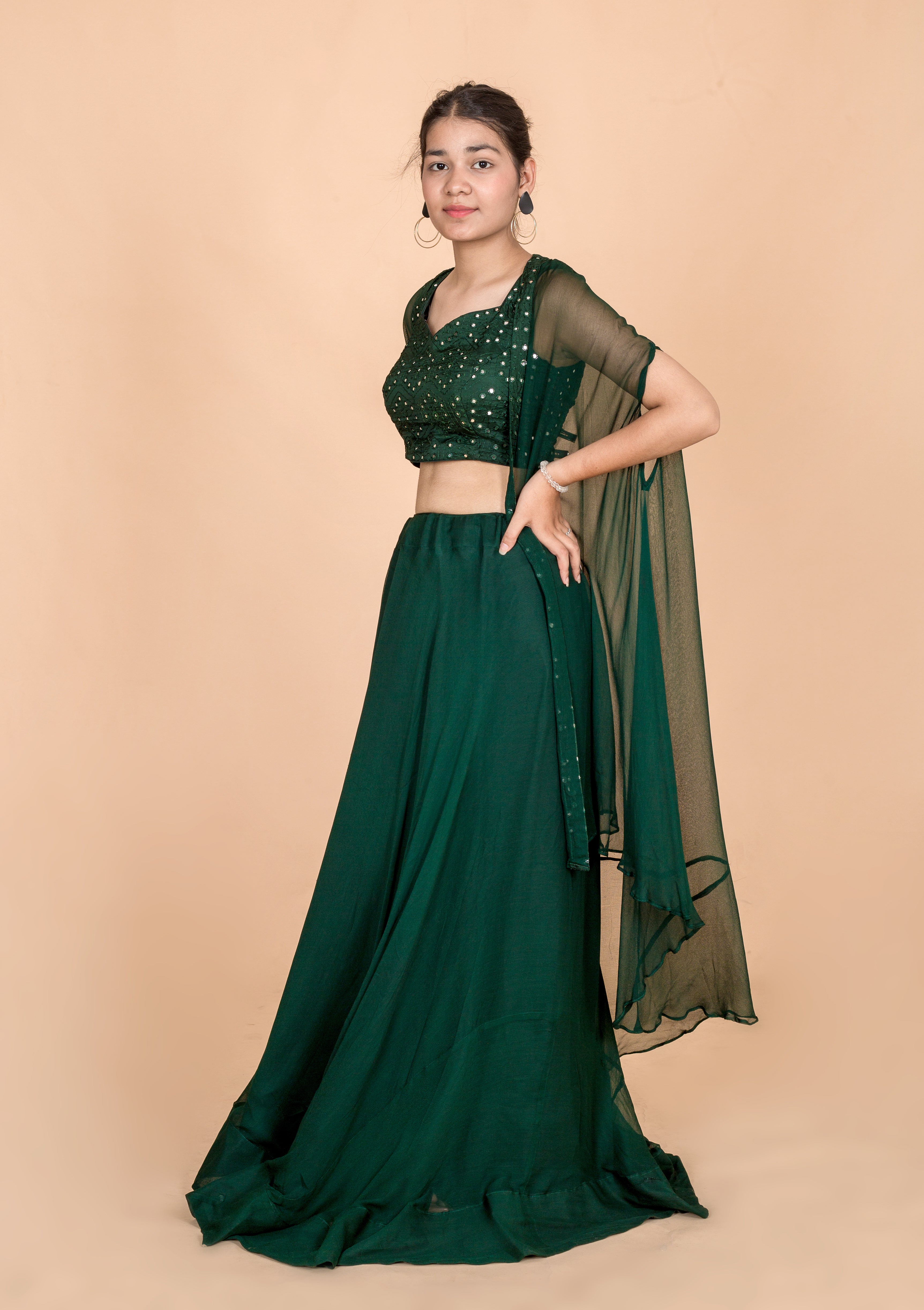 Bottle Green Womens Readymade Lehenga Set