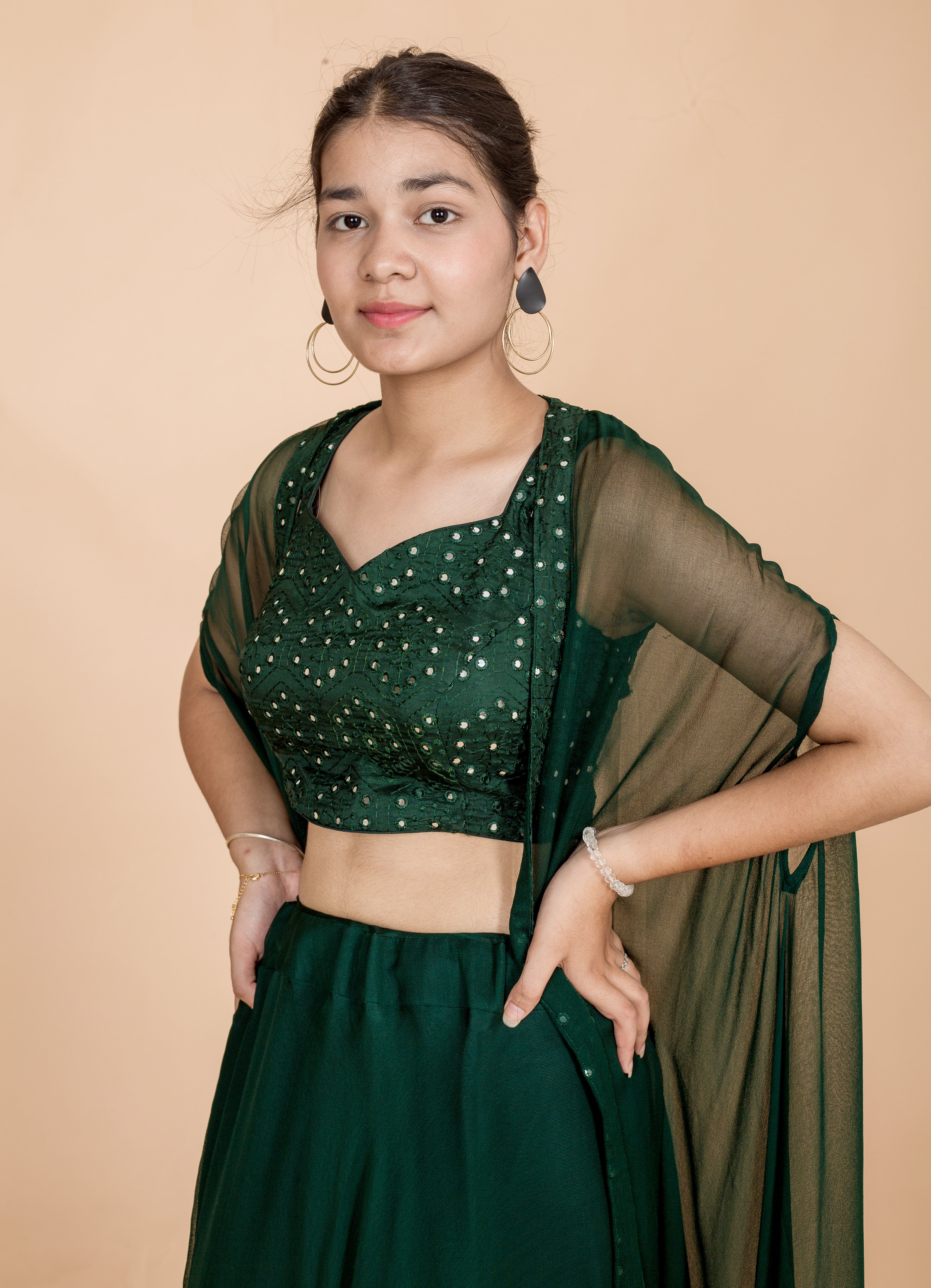 Bottle Green Womens Readymade Lehenga Set