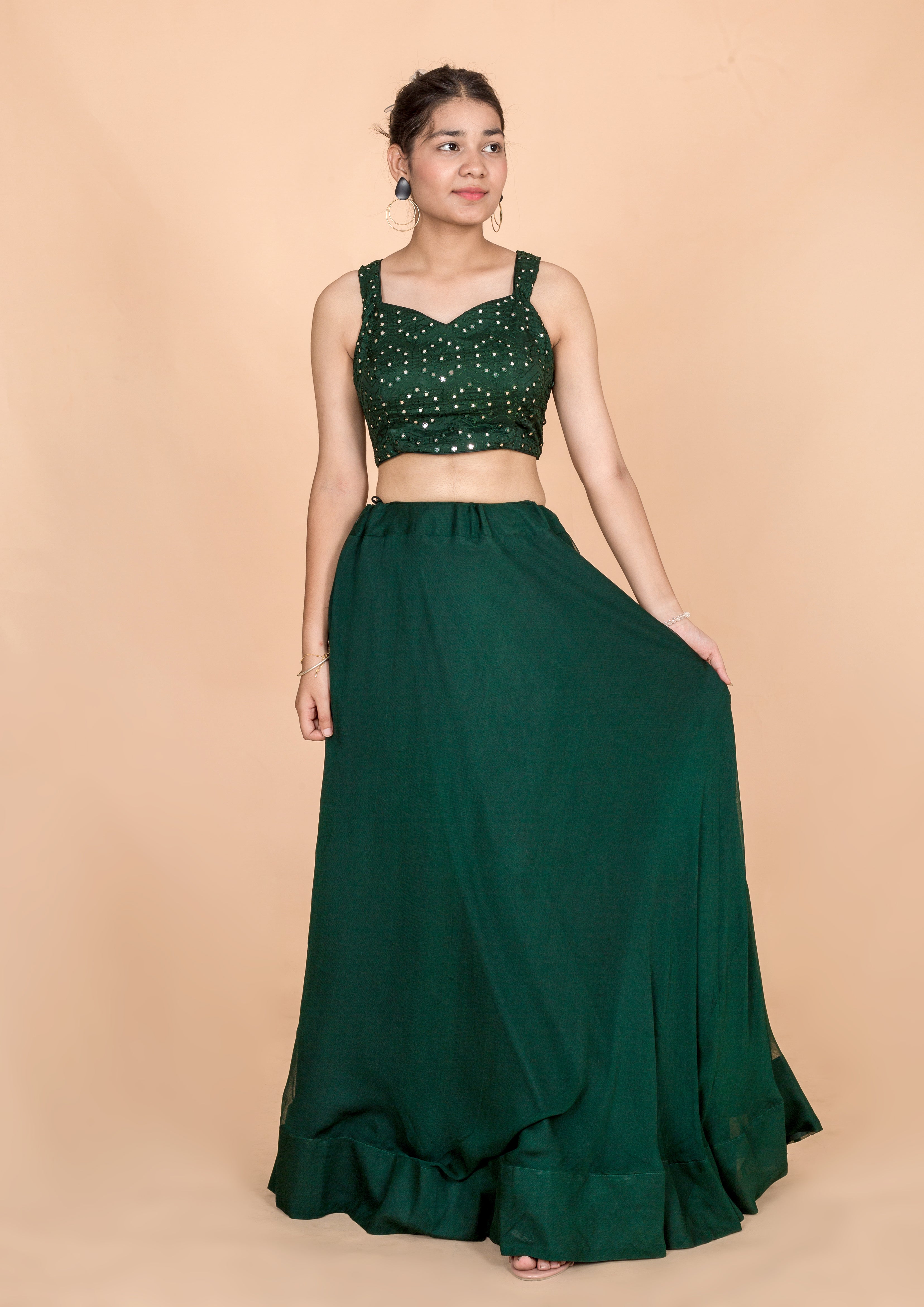 Bottle Green Womens Readymade Lehenga Set