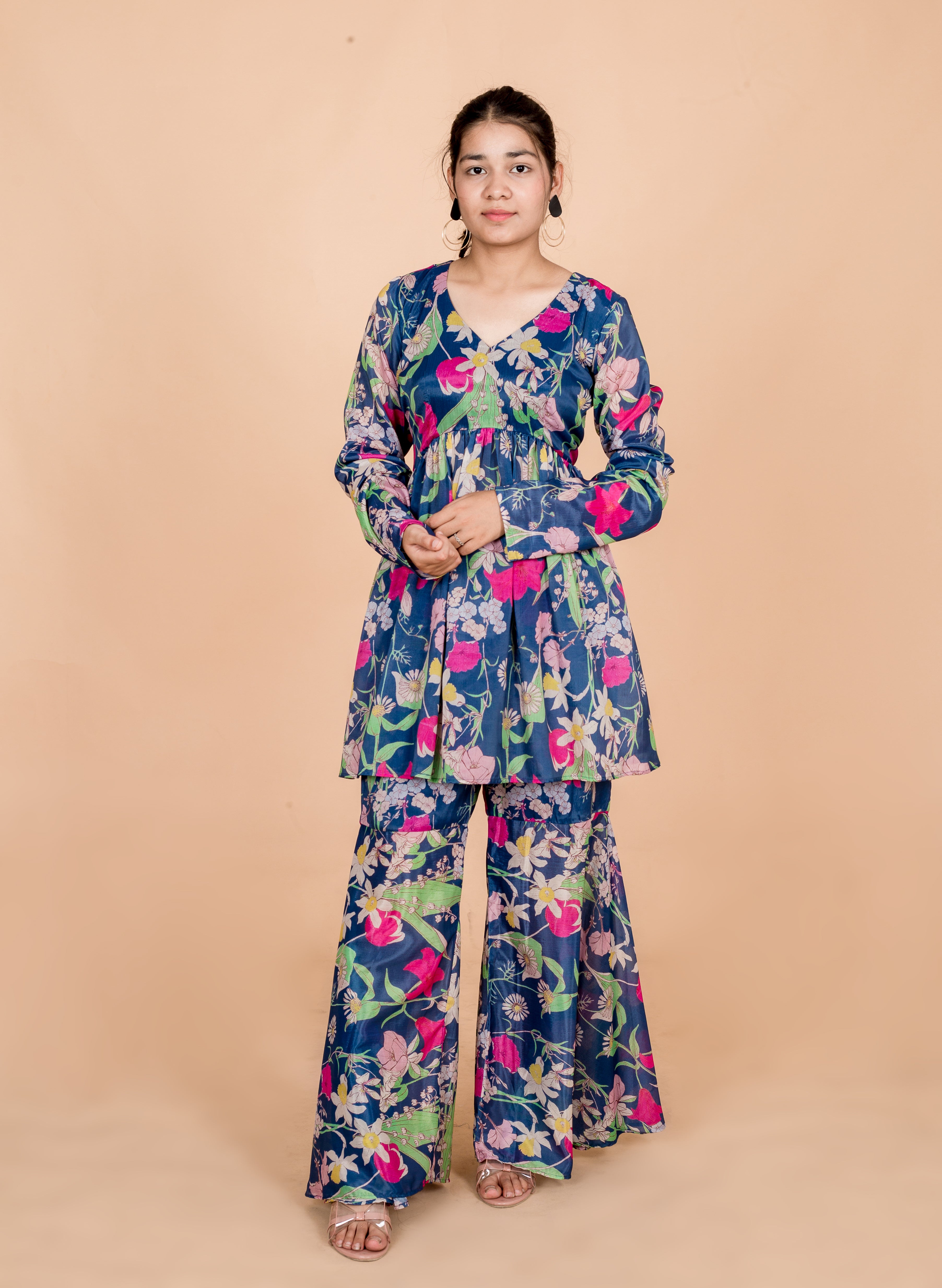 Teal Blue Flora Womens Sharara Set - Co-Ords Set