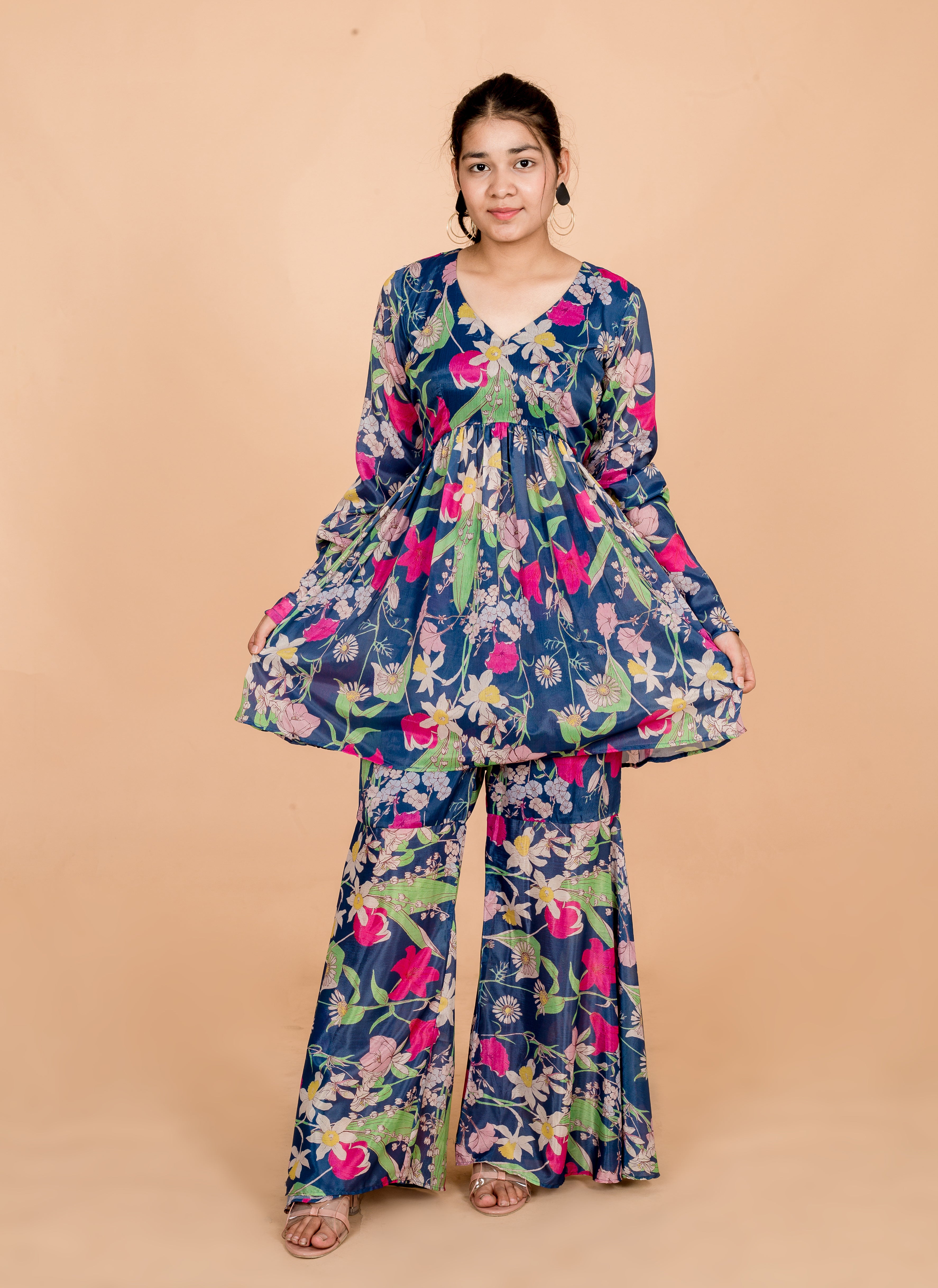 Teal Blue Flora Womens Sharara Set - Co-Ords Set