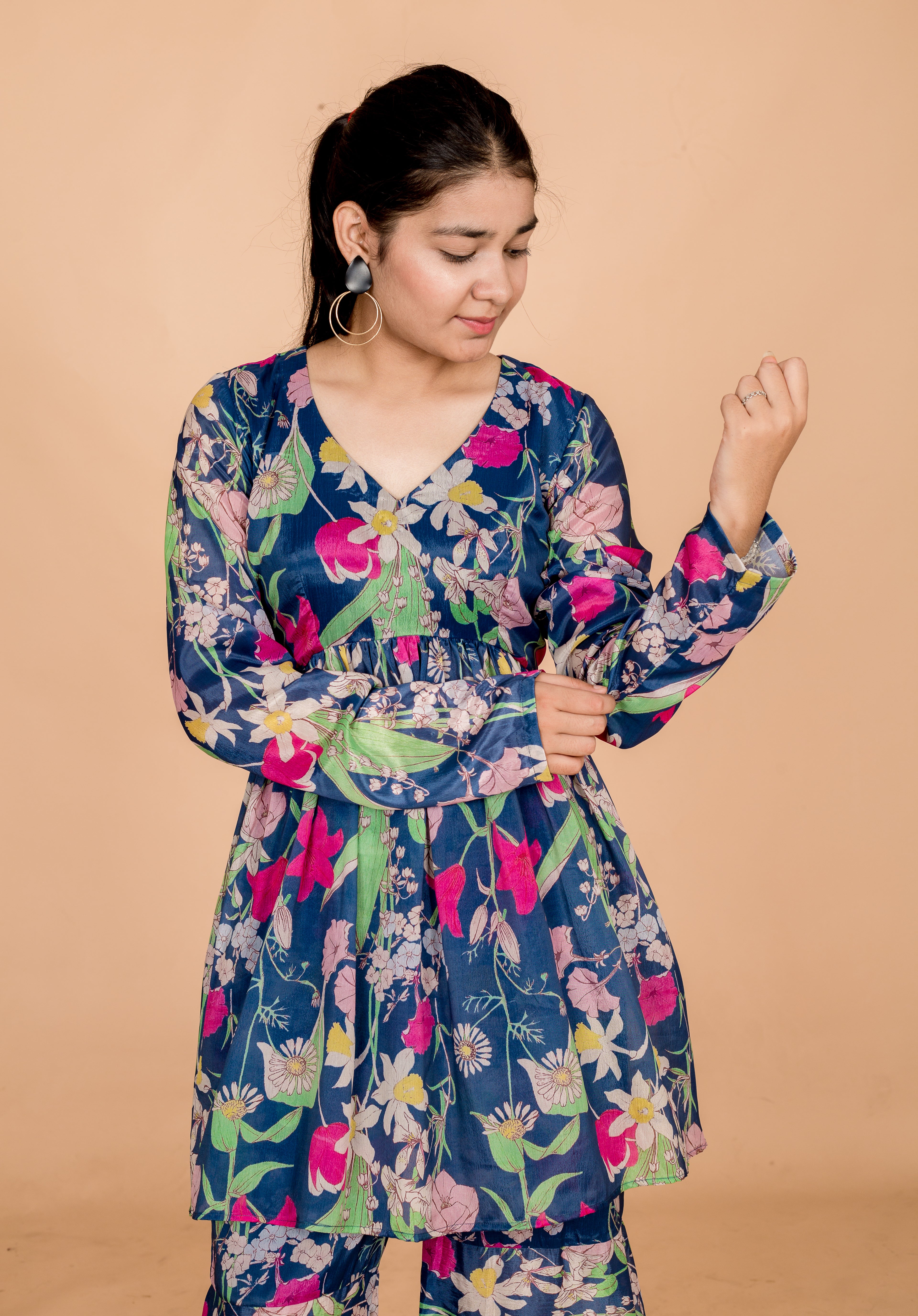 Teal Blue Flora Womens Sharara Set - Co-Ords Set