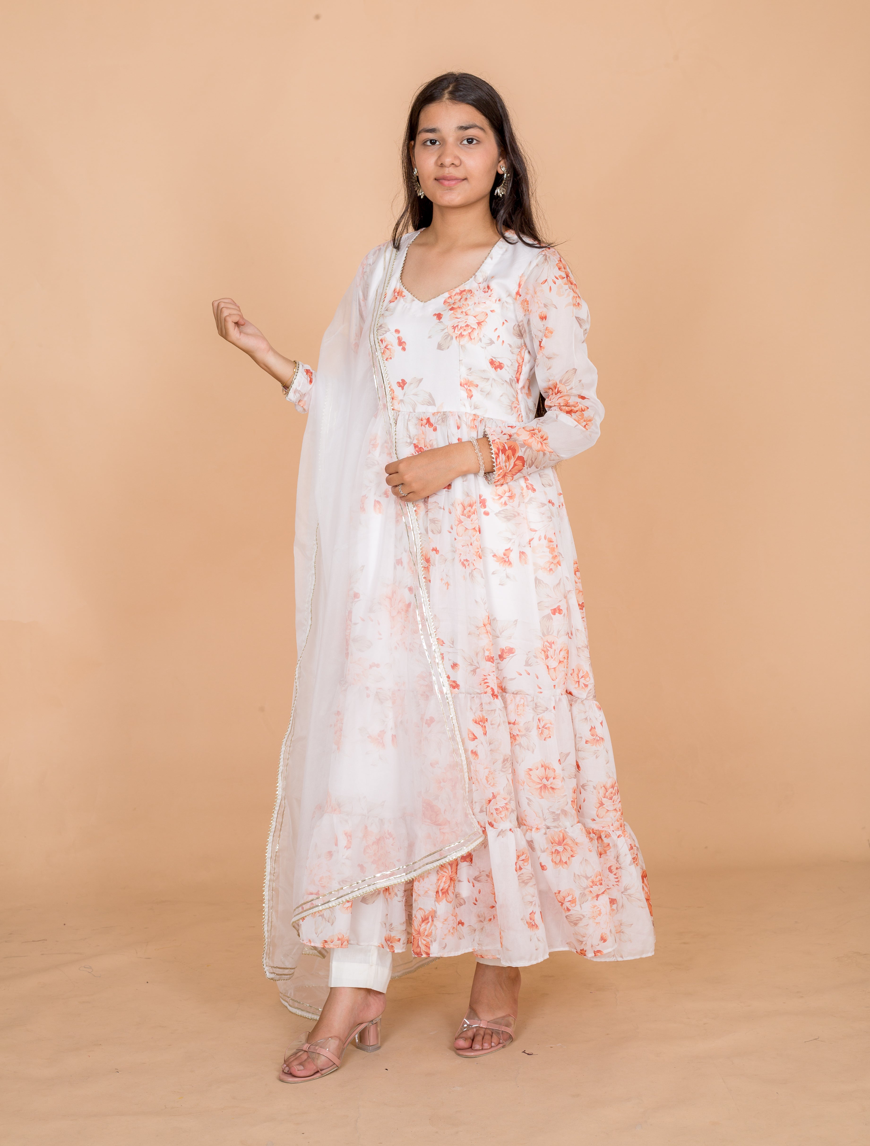 White Printed Georgette Womens Anarkali Suit Set