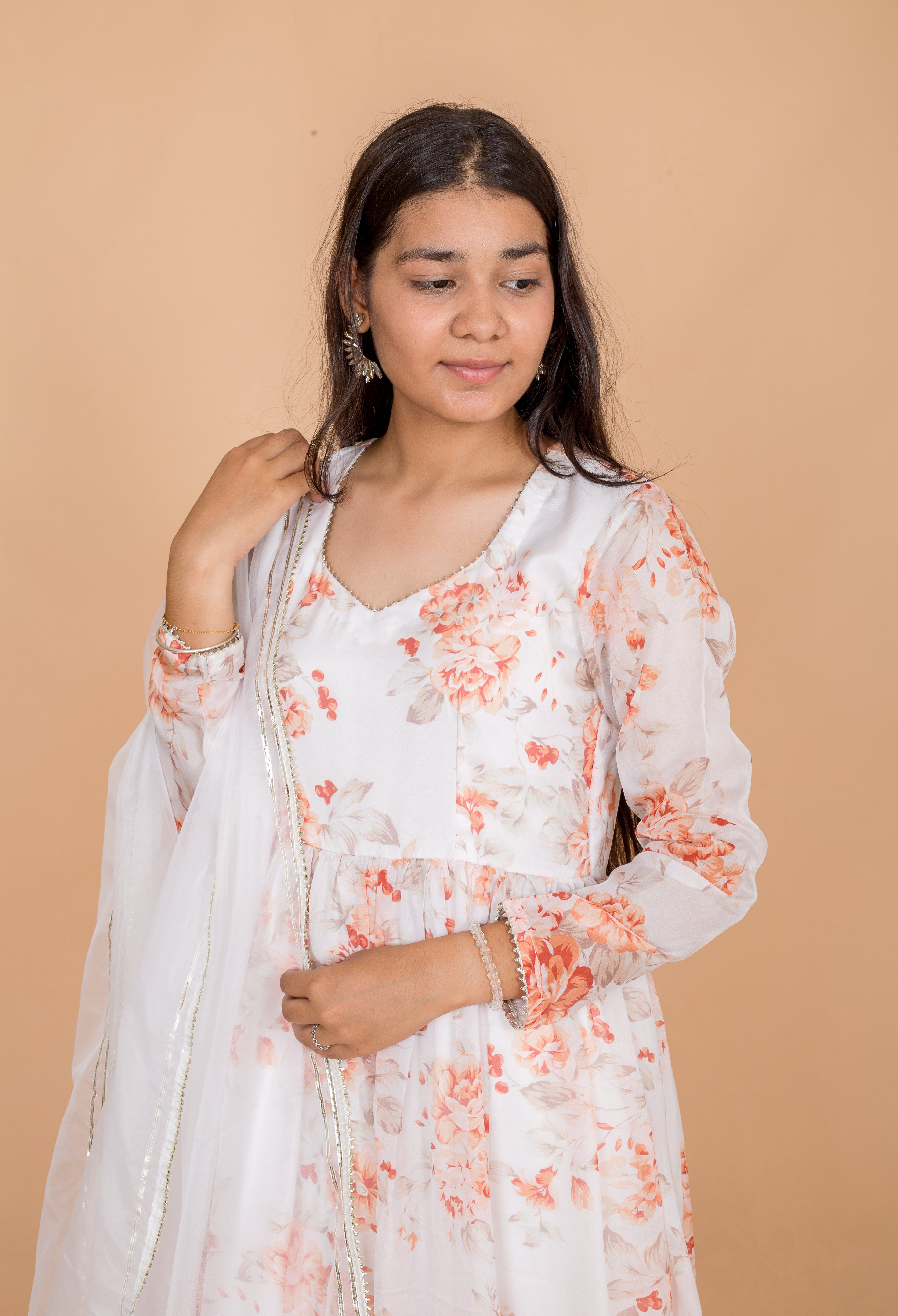 White Printed Georgette Womens Anarkali Suit Set