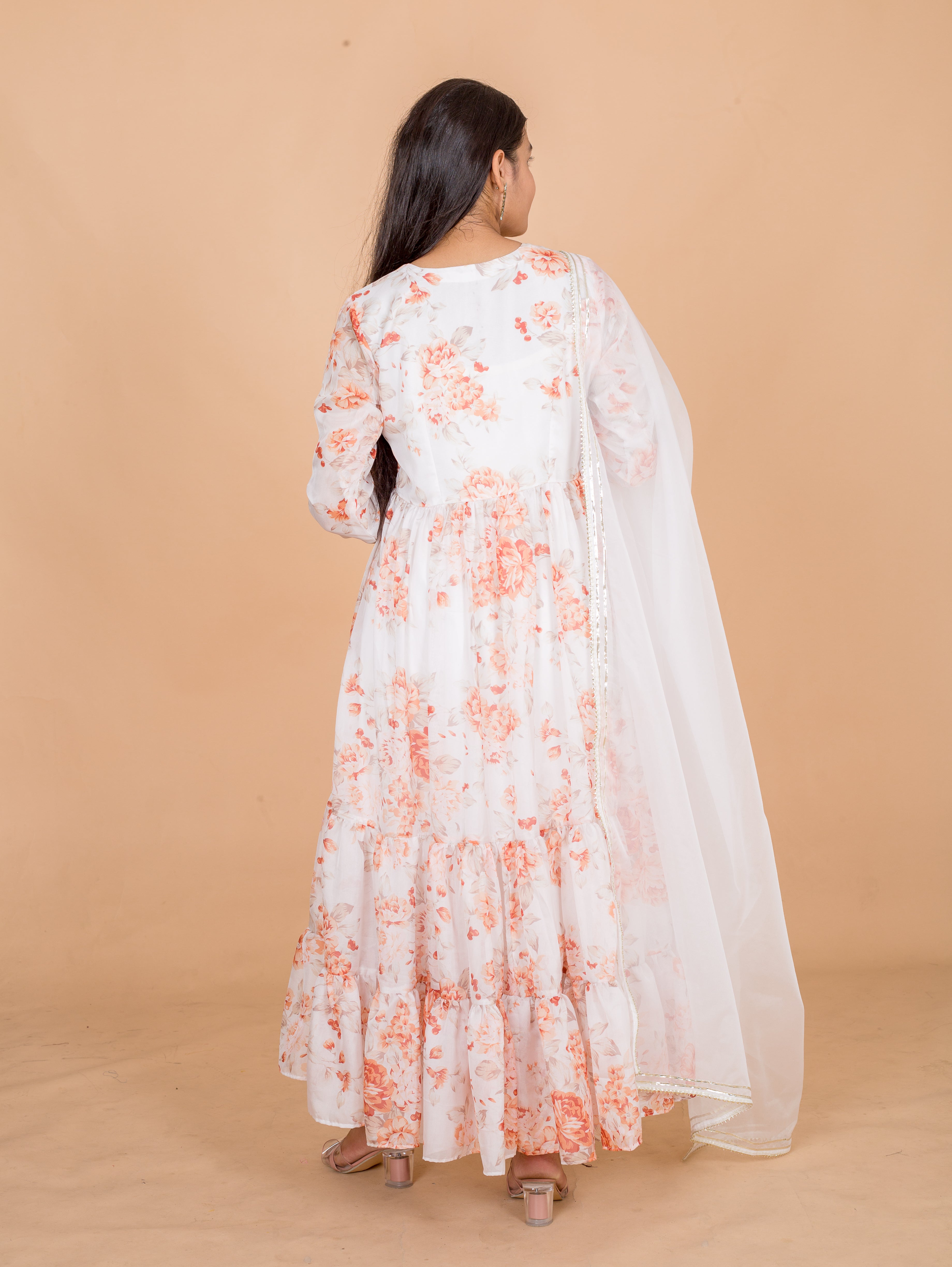 White Printed Georgette Womens Anarkali Suit Set