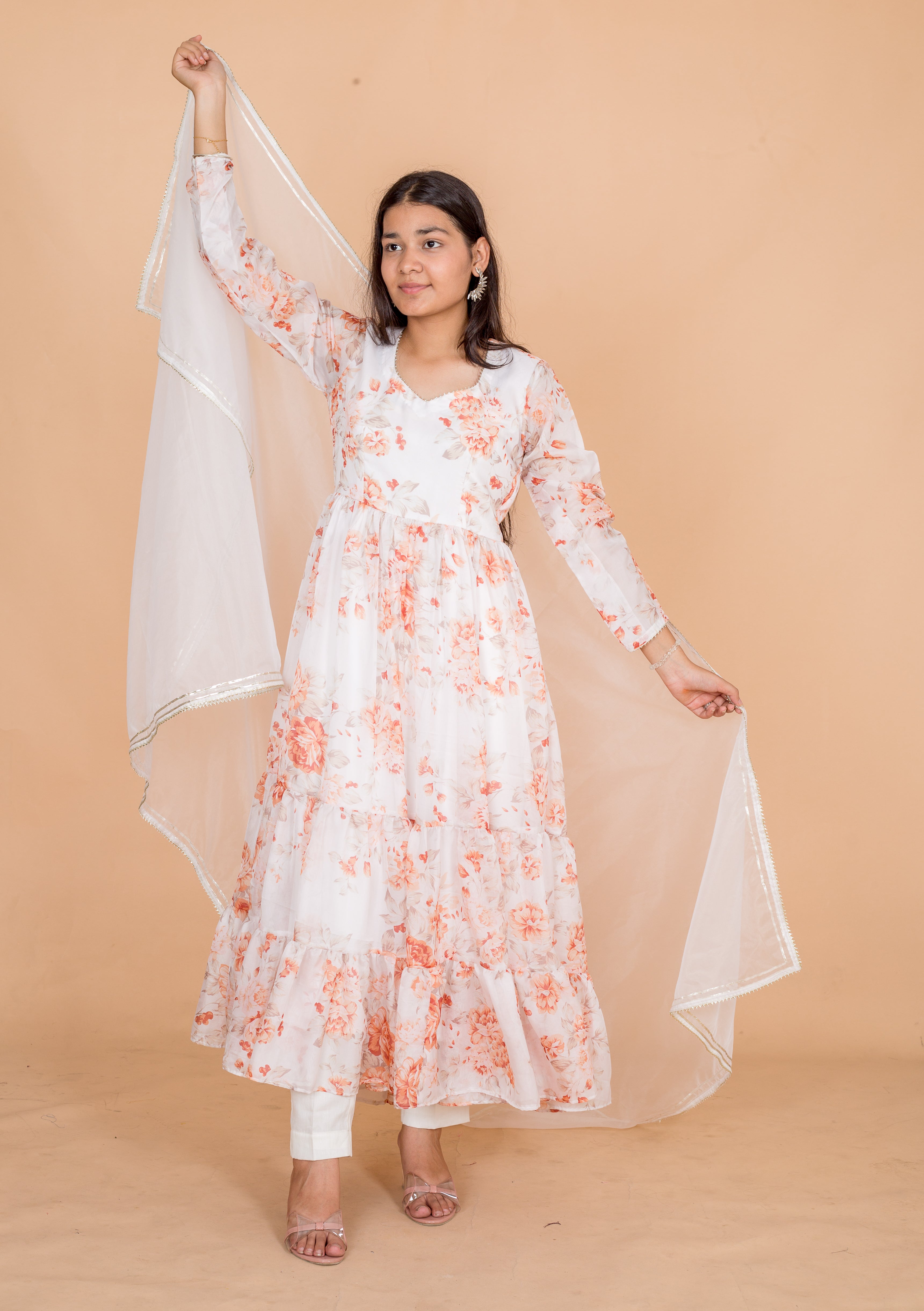 White Printed Georgette Womens Anarkali Suit Set