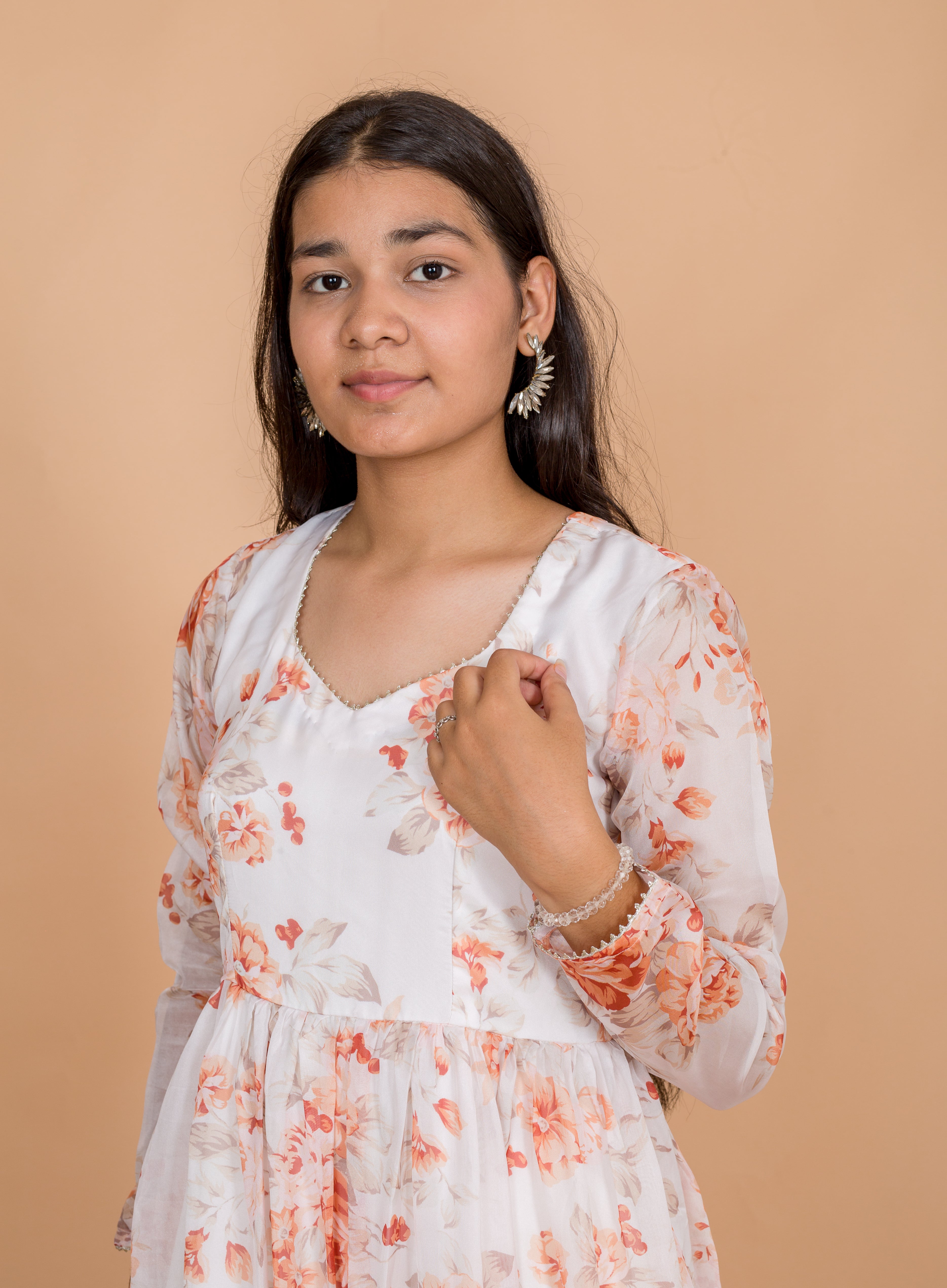 White Printed Georgette Womens Anarkali Suit Set