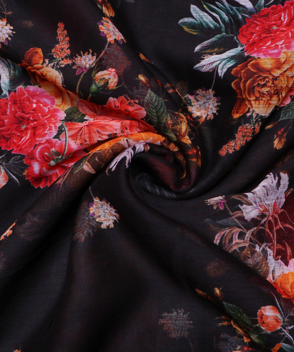 Black Colour Floral Print Chiffon Fabric ( 1.90 Meter )