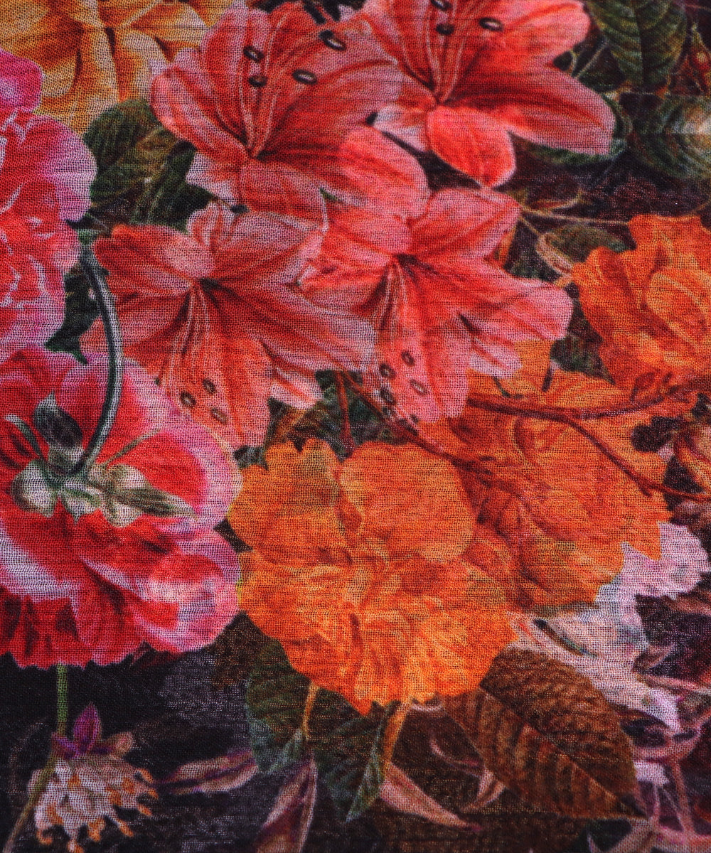 Black Colour Floral Print Chiffon Fabric ( 1.90 Meter )