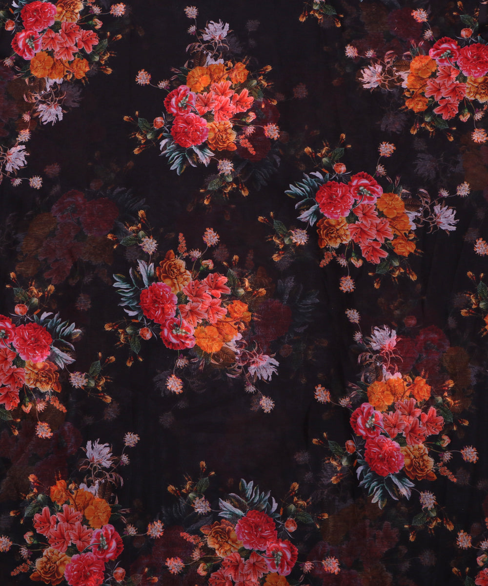 Black Colour Floral Print Chiffon Fabric ( 1.90 Meter )