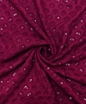 Wine Colour Chikan Embroidery Rayon Fabric
