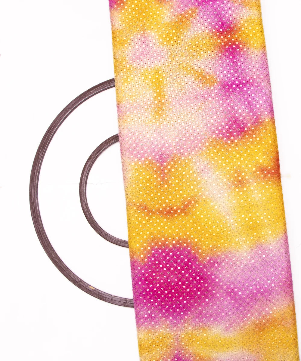 Yellow Color Tie Dye Pattern Self Embroidery Sequin Net Fabric