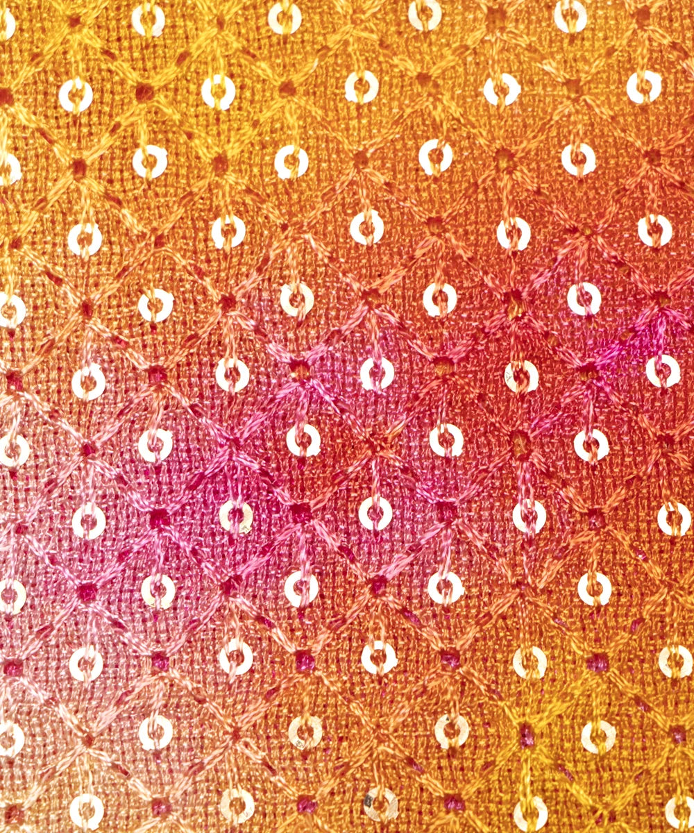 Yellow Color Tie Dye Pattern Self Embroidery Sequin Net Fabric