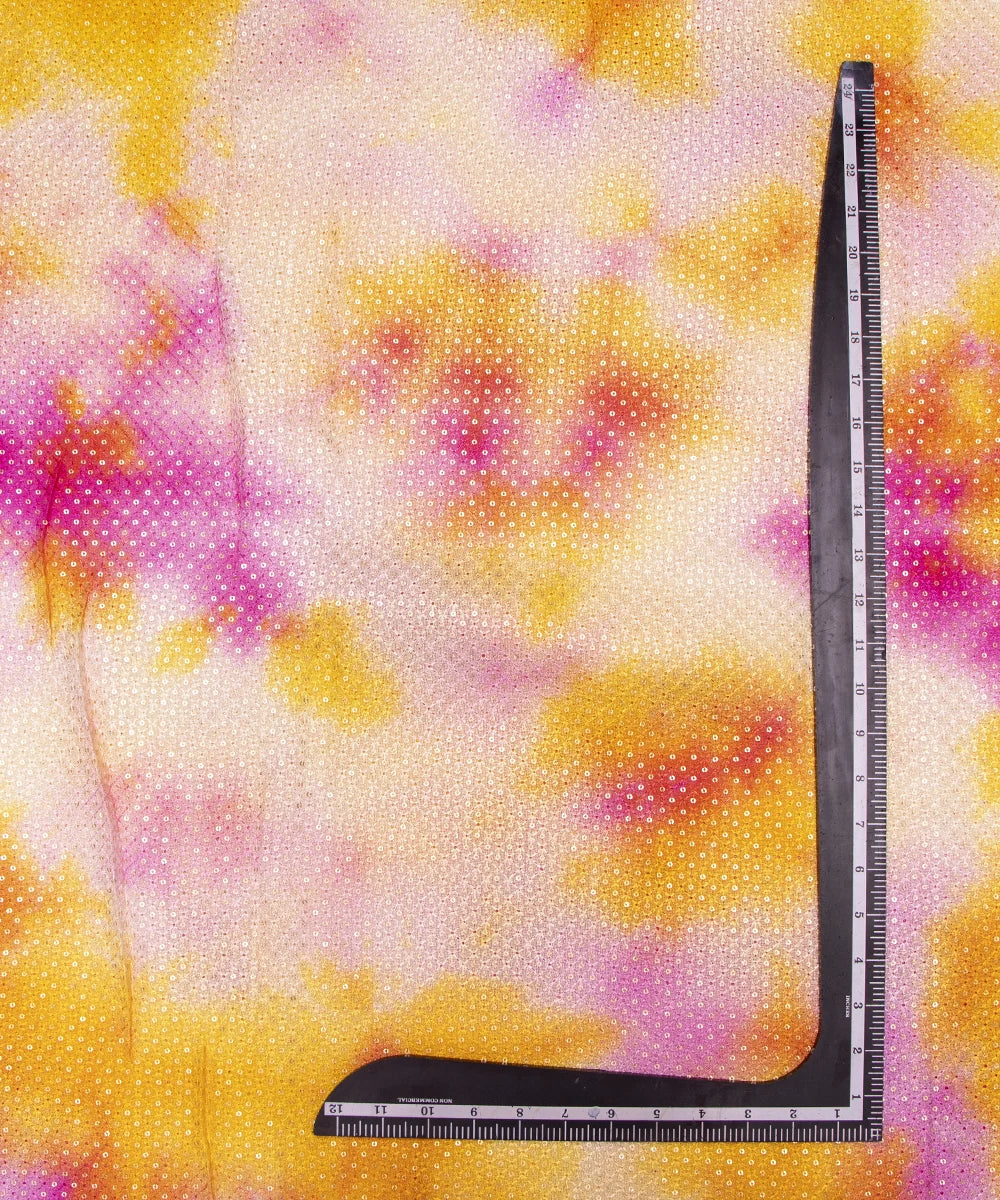 Yellow Color Tie Dye Pattern Self Embroidery Sequin Net Fabric
