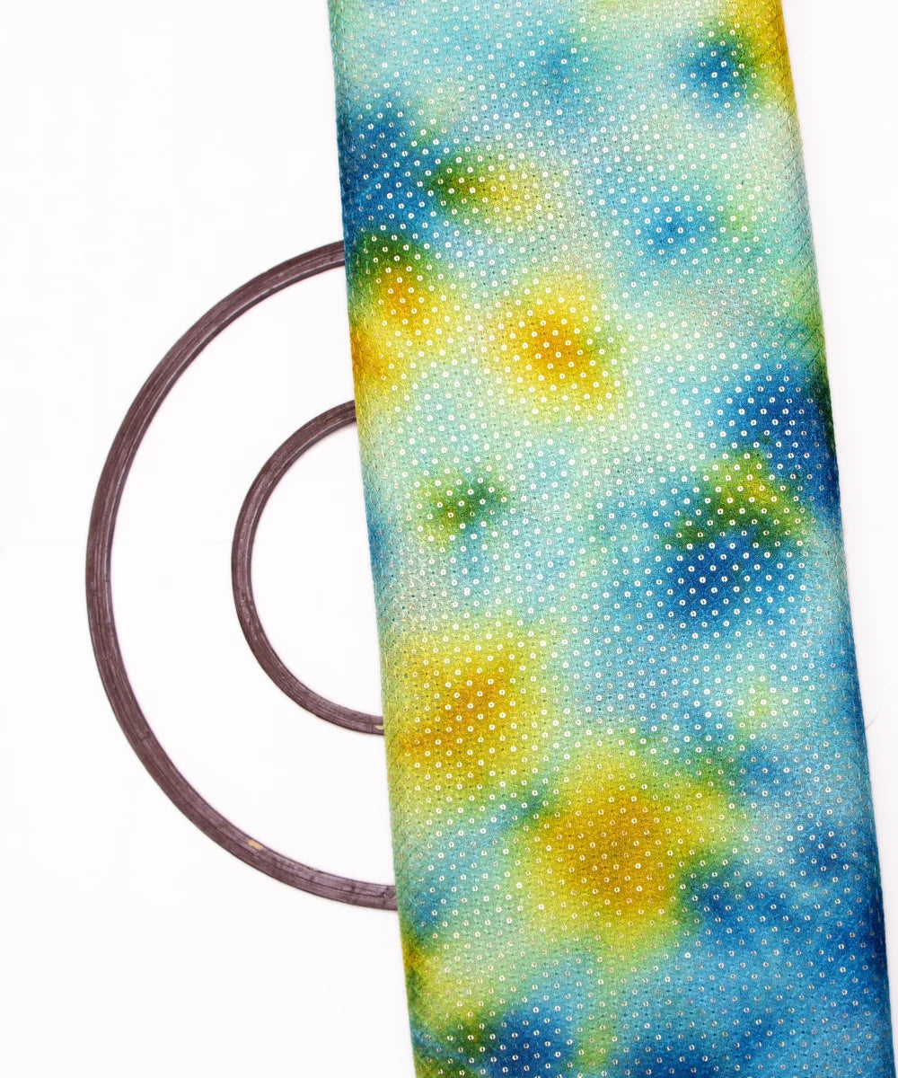 Blue Color Tie Dye Pattern Self Embroidery Sequin Net Fabric