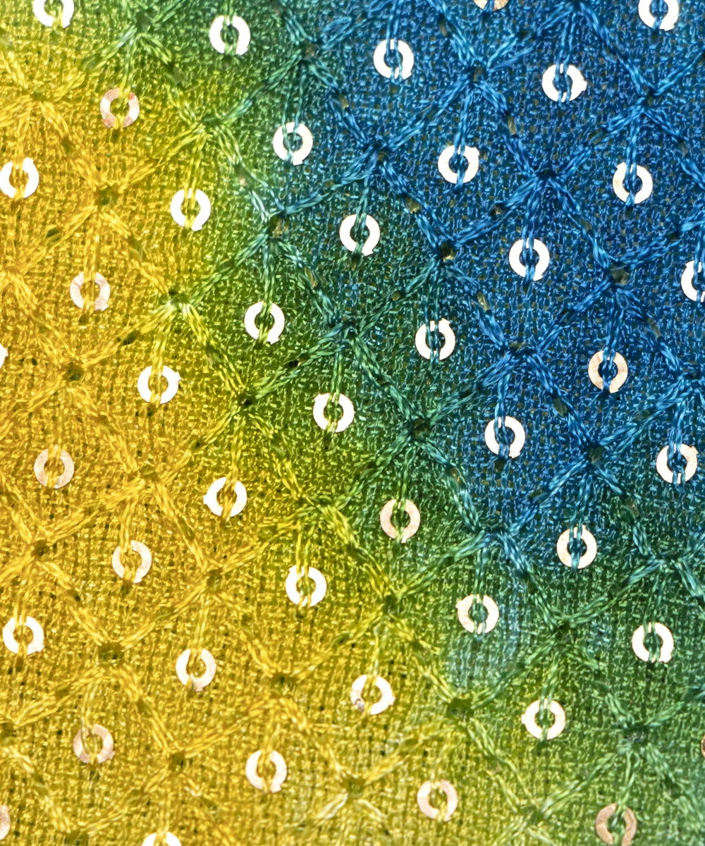 Blue Color Tie Dye Pattern Self Embroidery Sequin Net Fabric