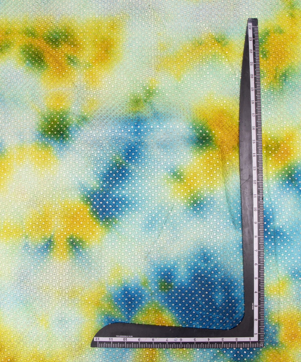 Blue Color Tie Dye Pattern Self Embroidery Sequin Net Fabric