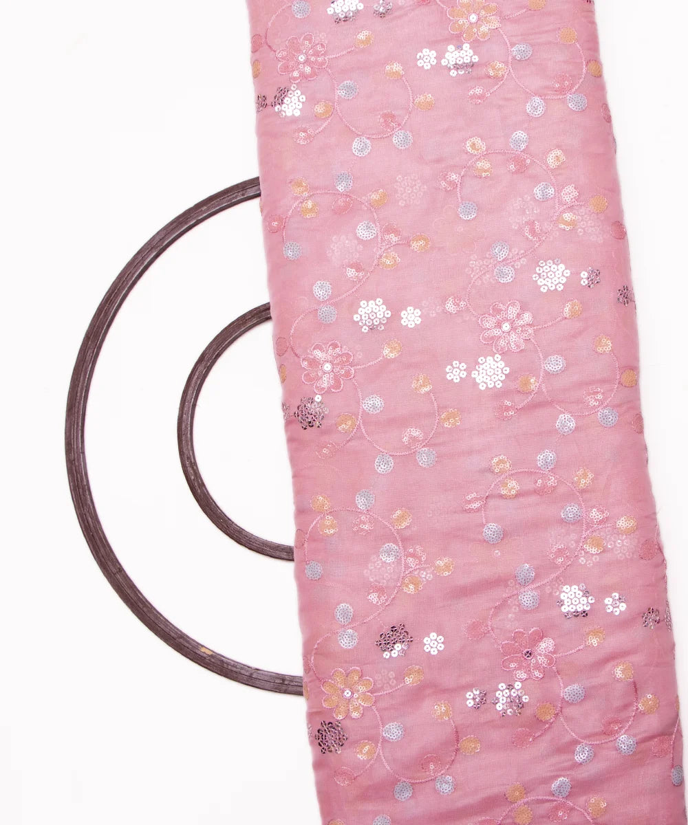 Rose Pink Colour Floral Embroidery Pure Viscose Organza Silk Fabric