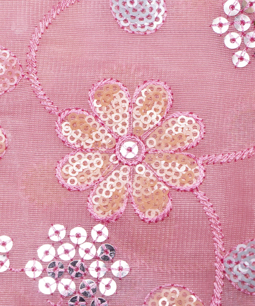 Rose Pink Colour Floral Embroidery Pure Viscose Organza Silk Fabric