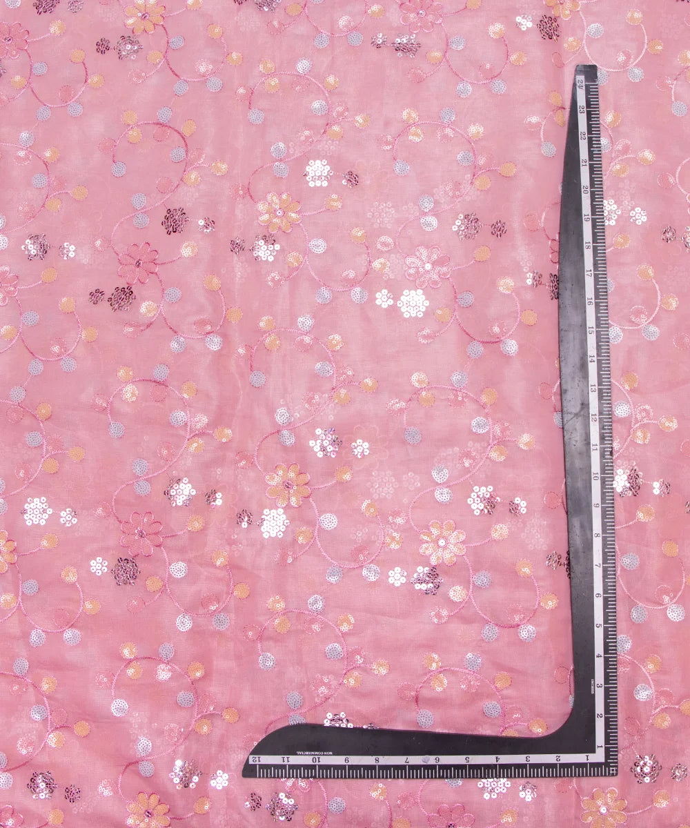 Rose Pink Colour Floral Embroidery Pure Viscose Organza Silk Fabric